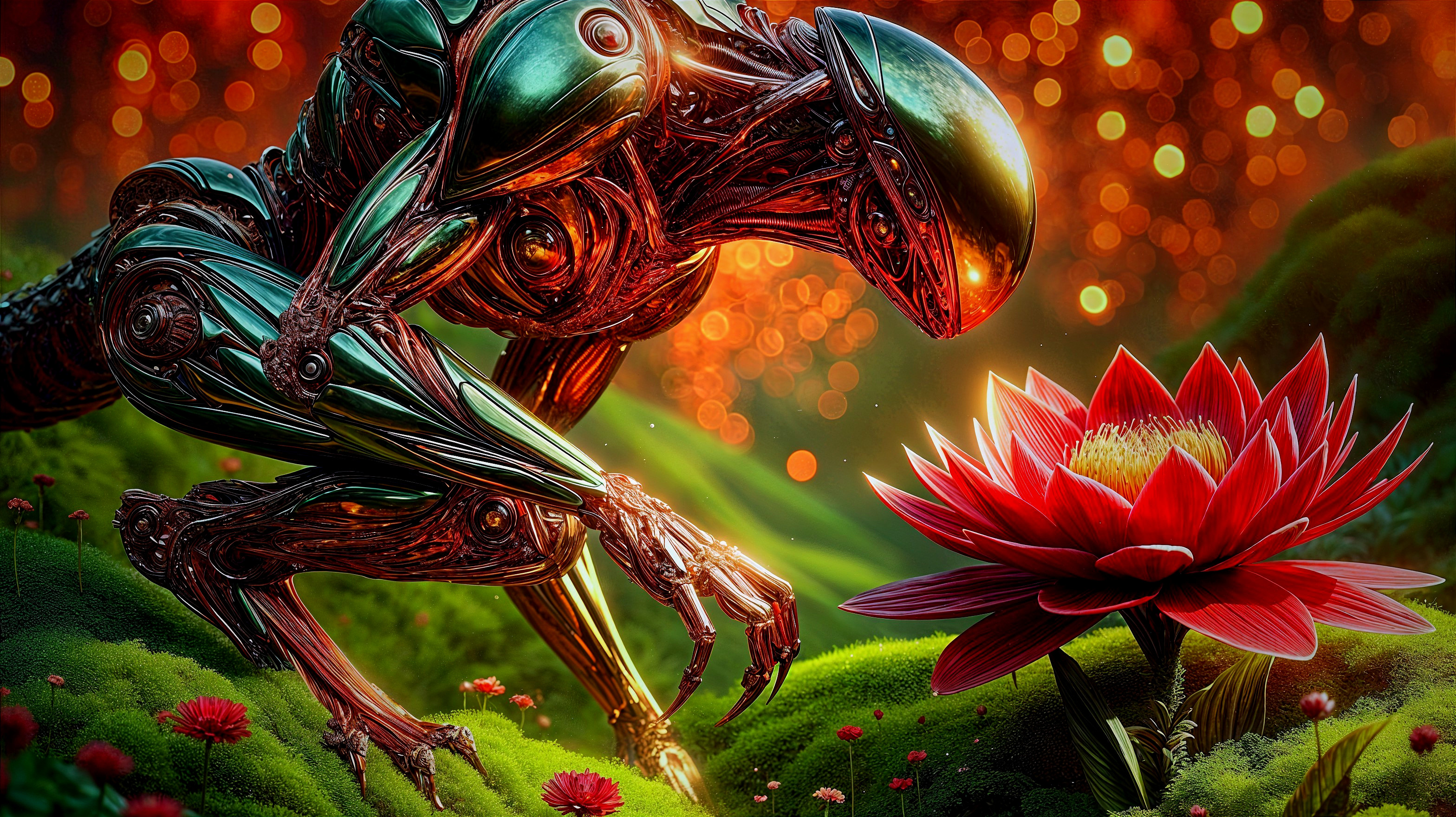 Futuristic Robot in Lush Landscape with Lotus Flower