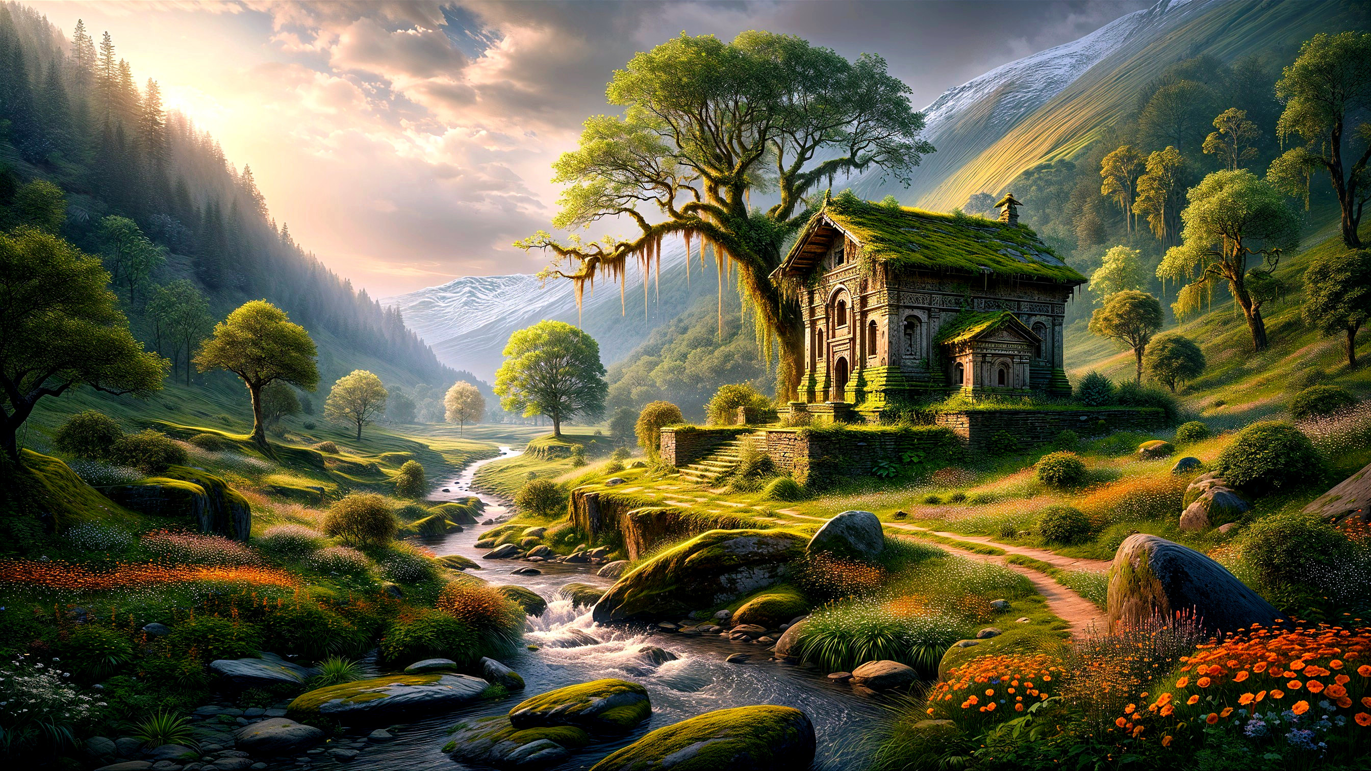 Serene Landscape with Wooden House and Stream
