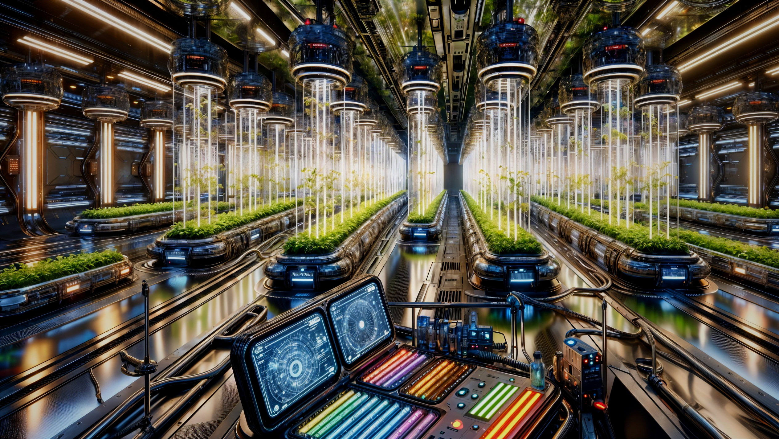 Futuristic laboratory with vibrant plants and high-tech equipment
