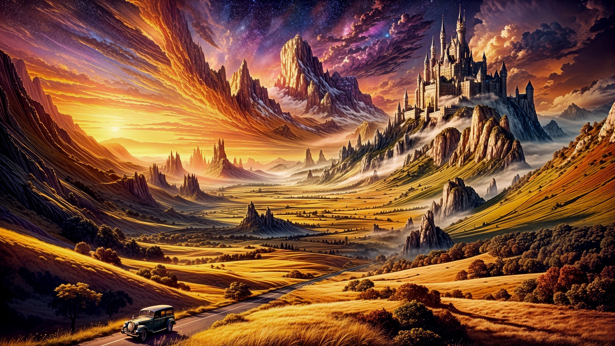 Majestic Mountains and Castle in Vibrant Sunset Landscape