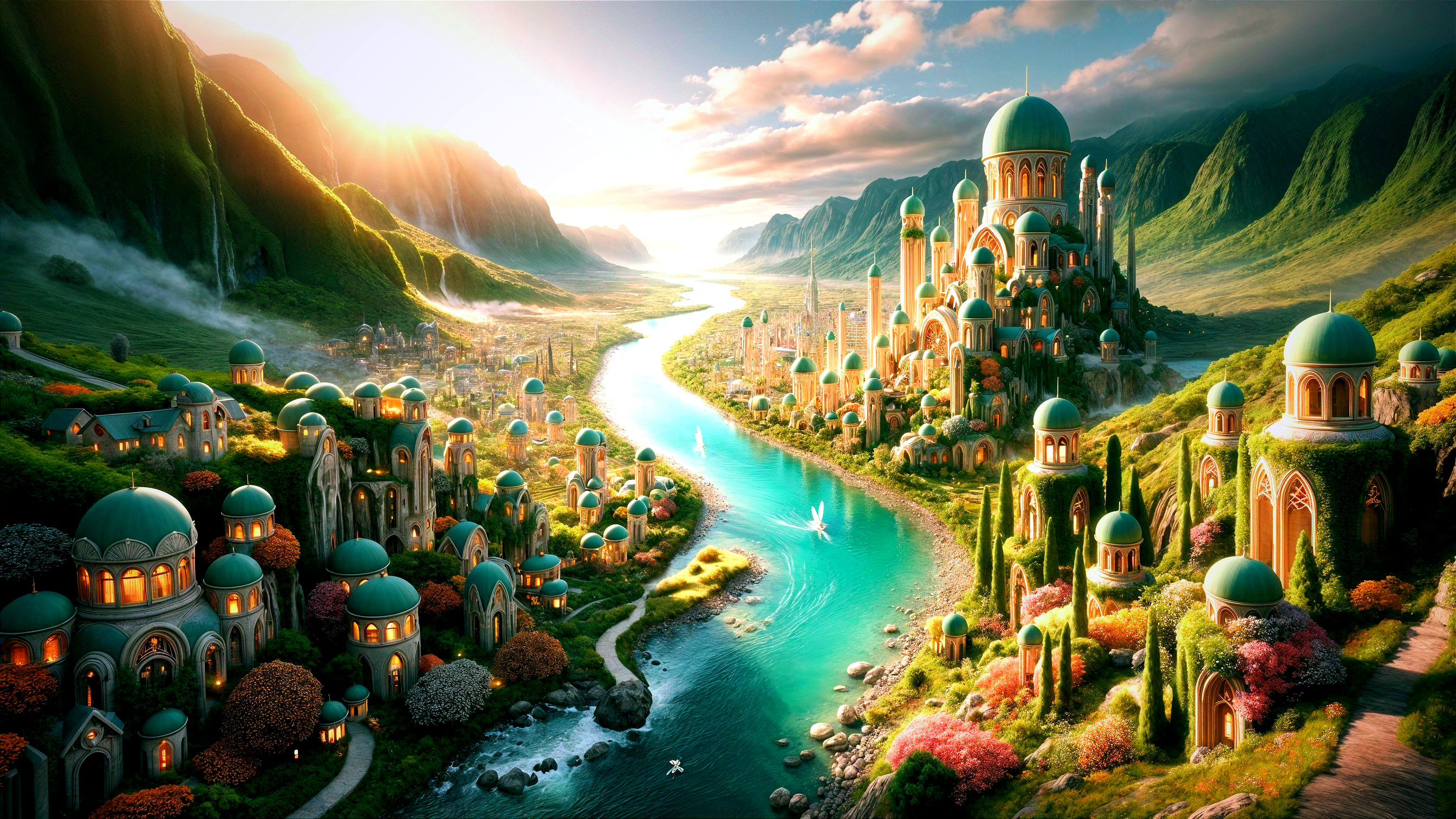 Vibrant Fantasy Landscape with Mystical City and River