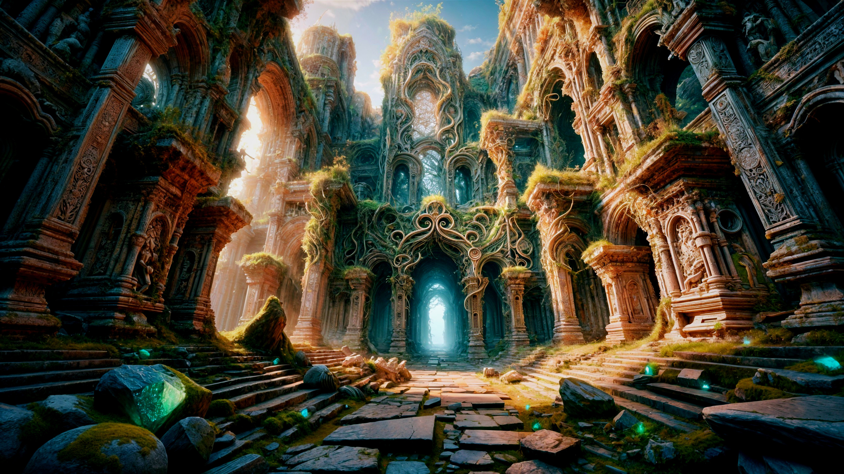 Ancient temple ruins with intricate carvings and vines