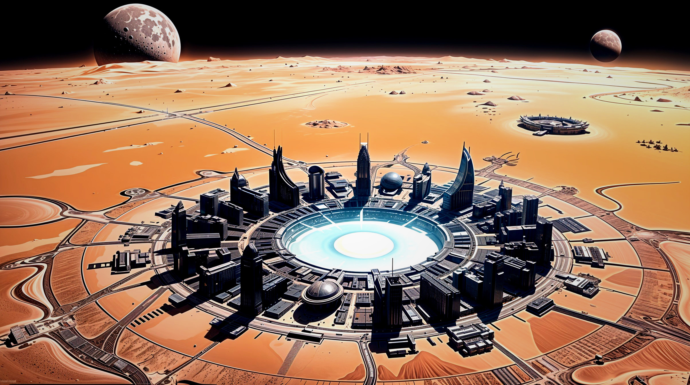 Futuristic cityscape with modern designs and moons