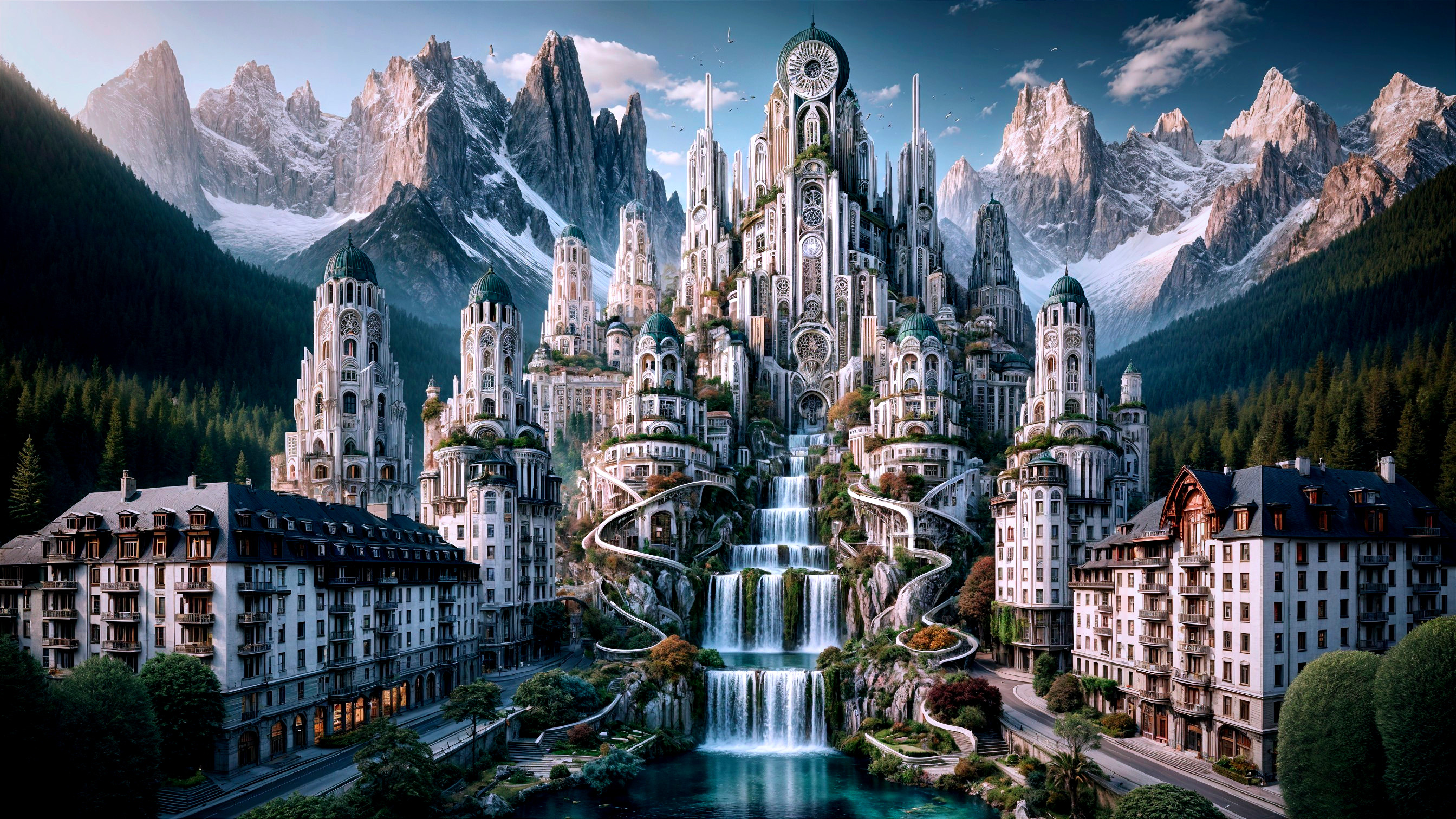 Majestic Fantasy City on Mountainside Landscape