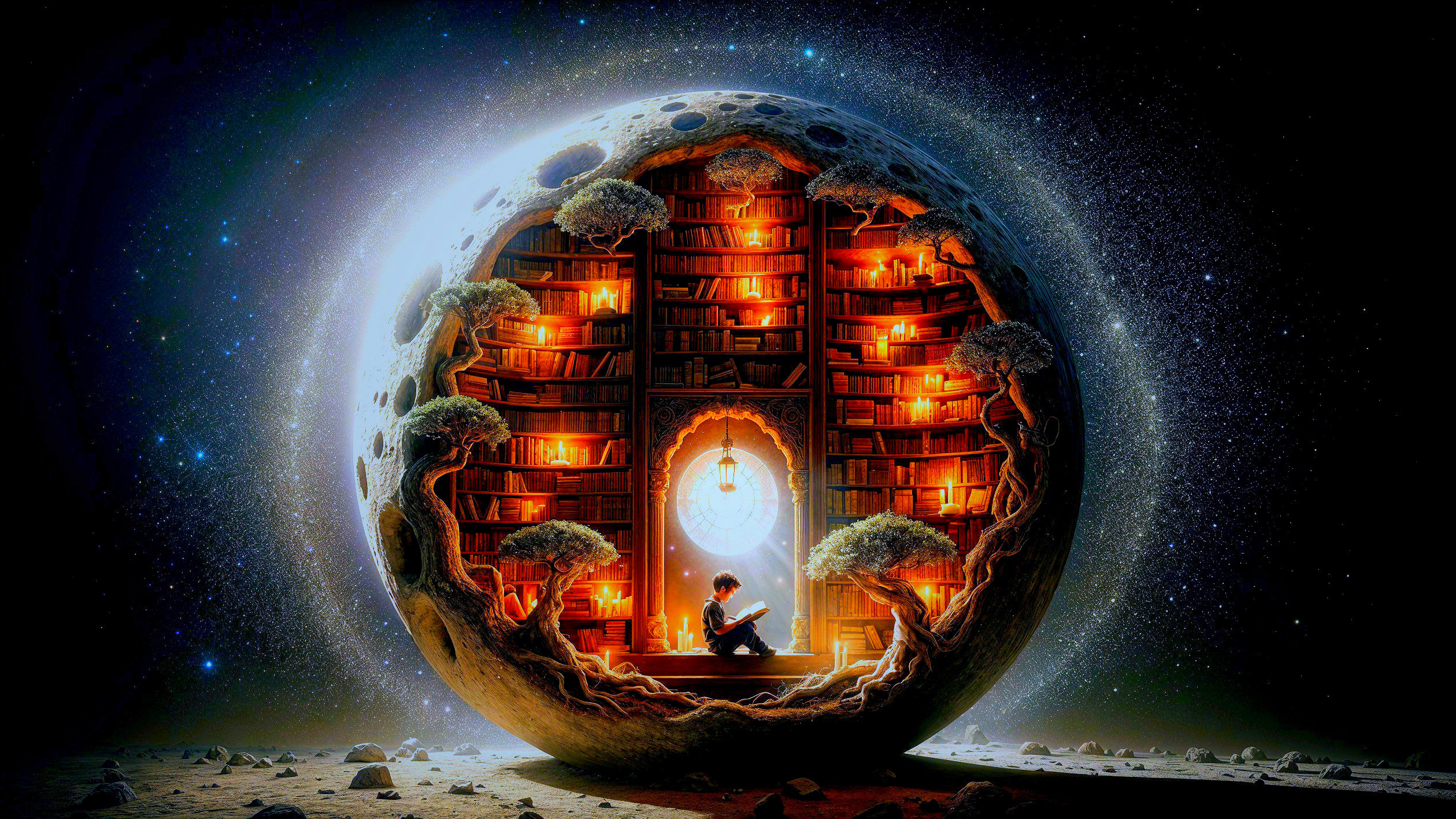 Floating Library in a Starry Universe with Glowing Books