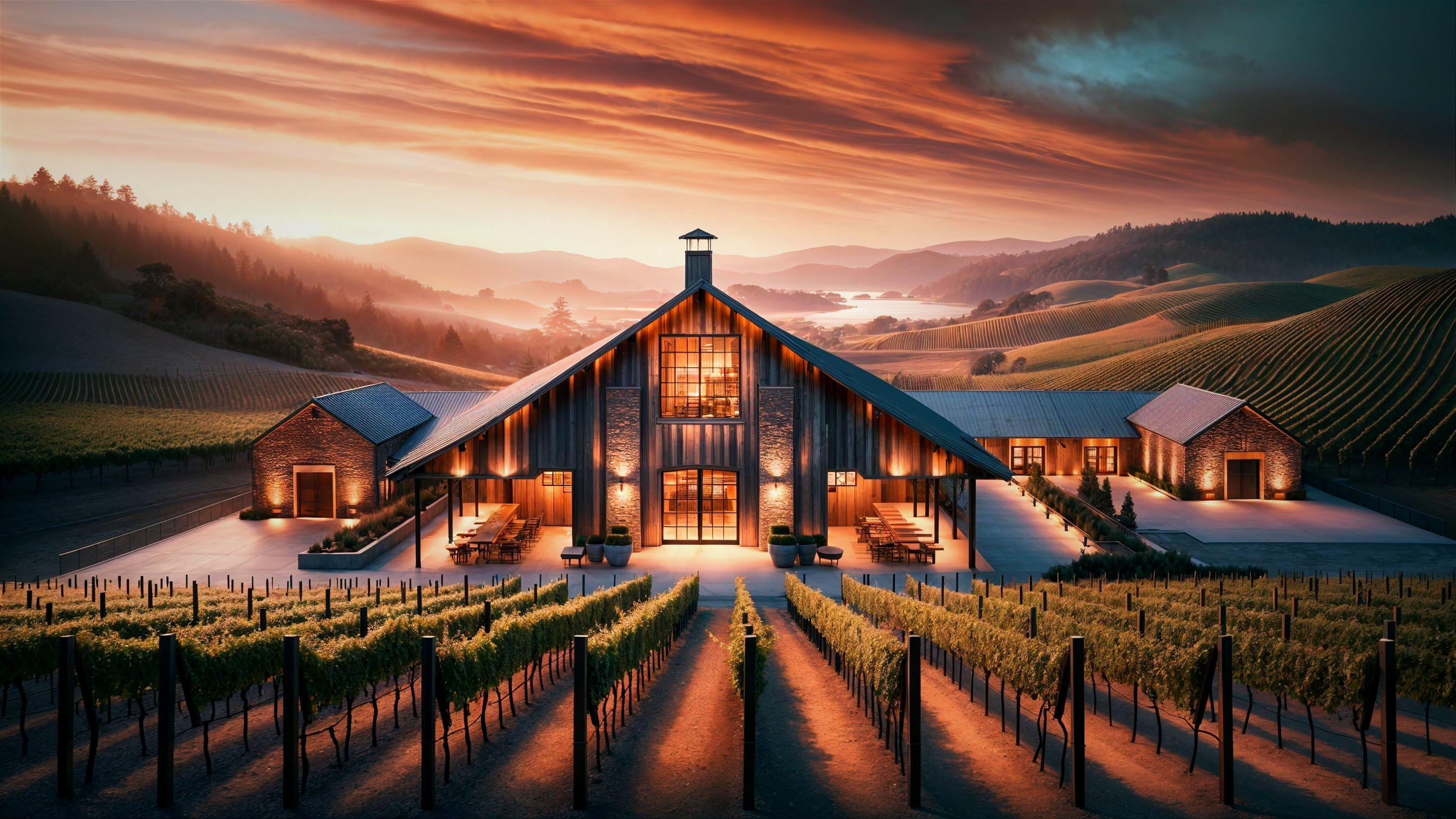 Winery with Vineyards and Sunset Sky Landscape