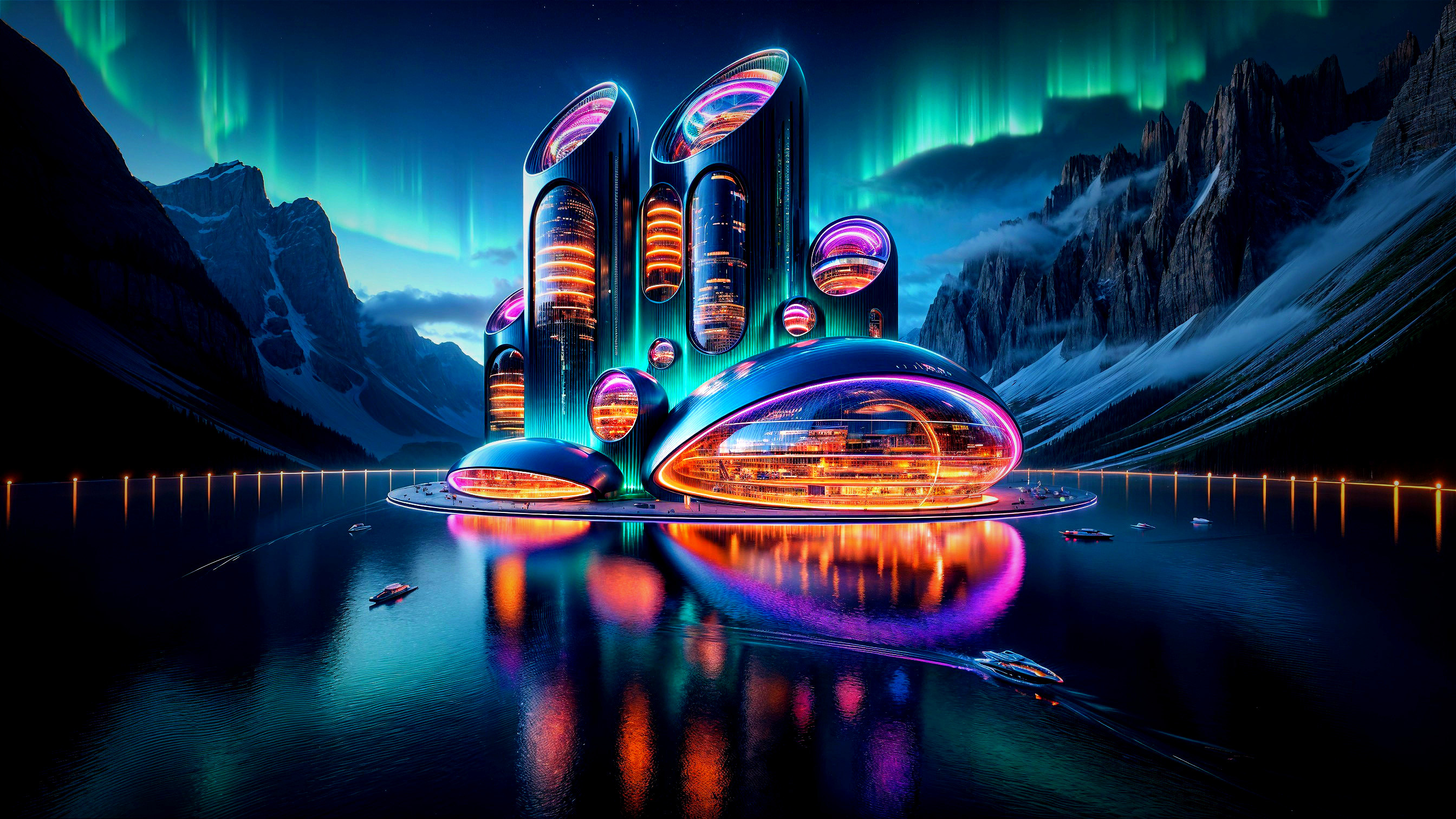 Futuristic cityscape under aurora-lit sky and lake