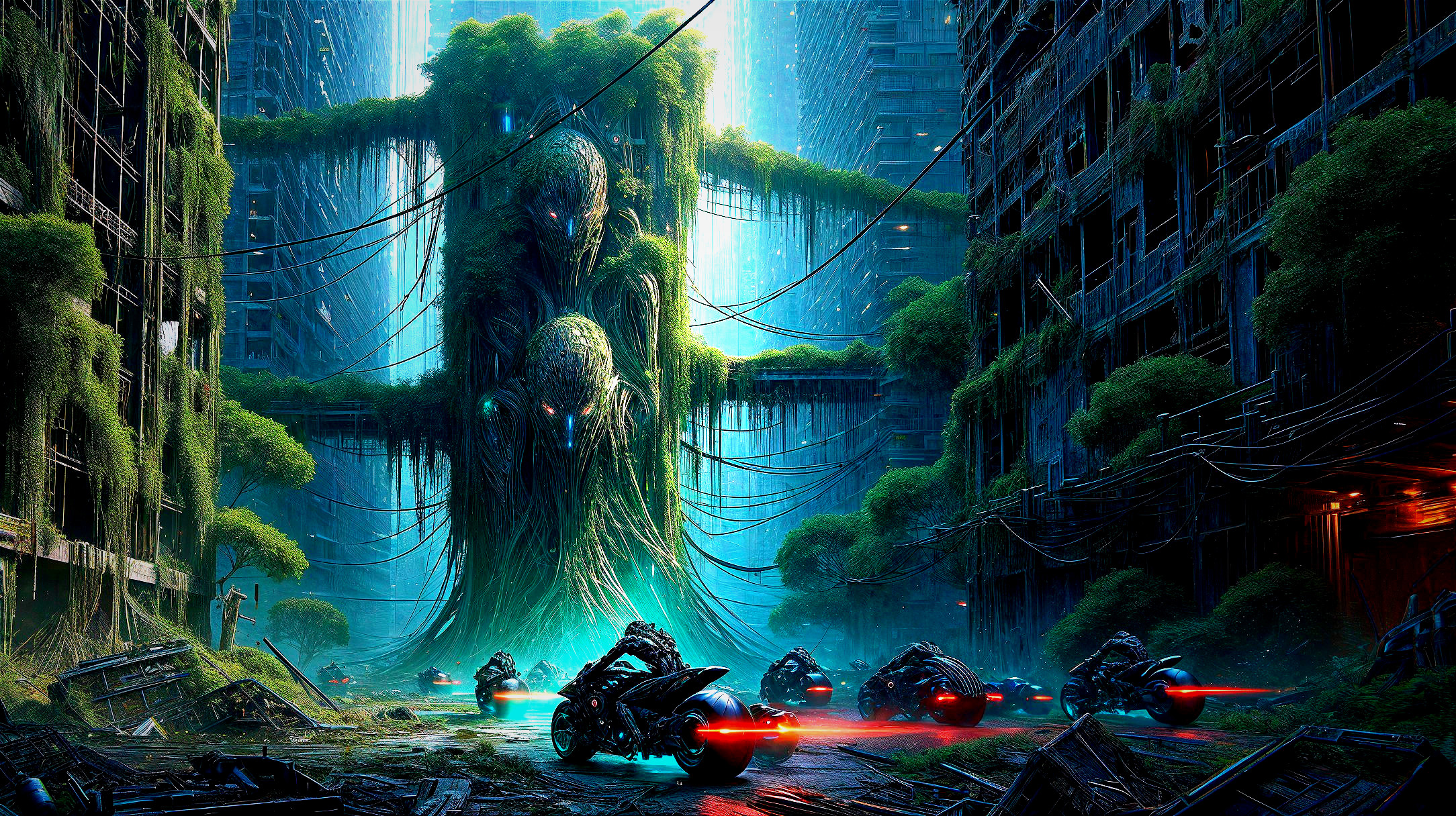 Futuristic Post-Apocalyptic City with Lush Vegetation