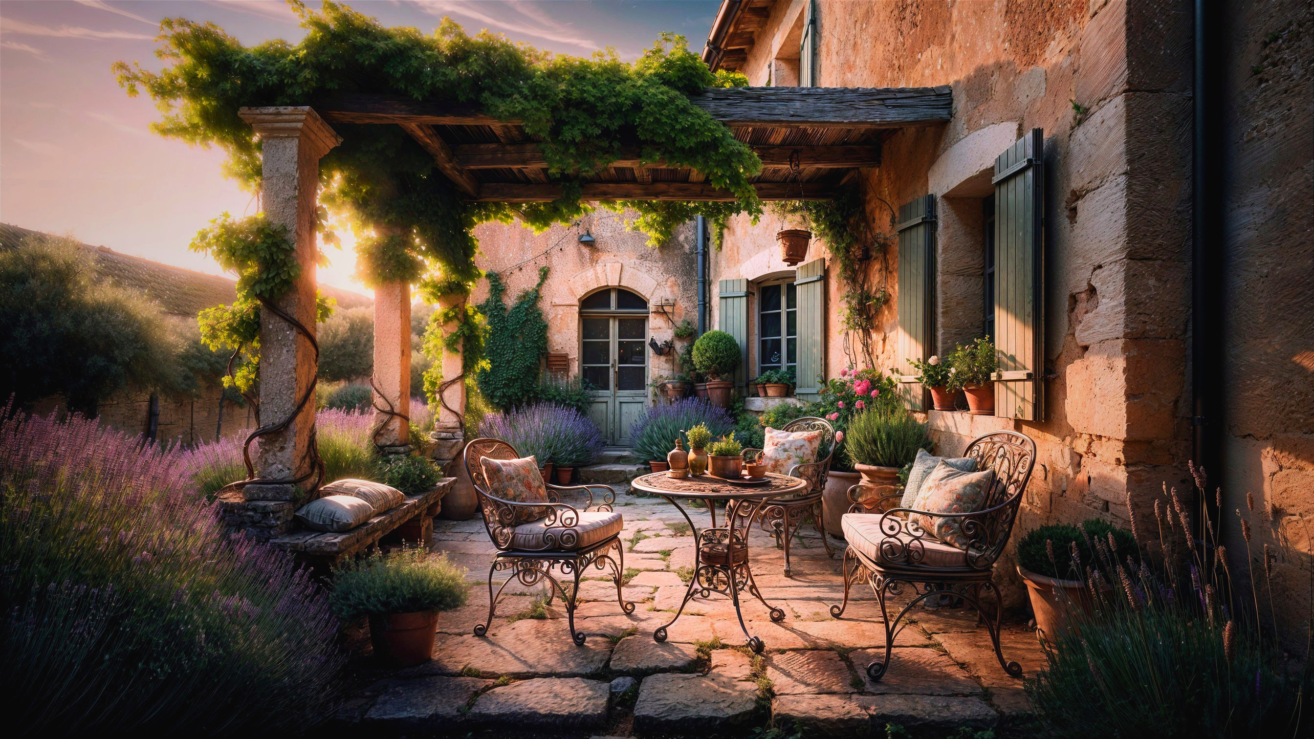 Rustic patio with greenery, lavender, and wrought iron chairs