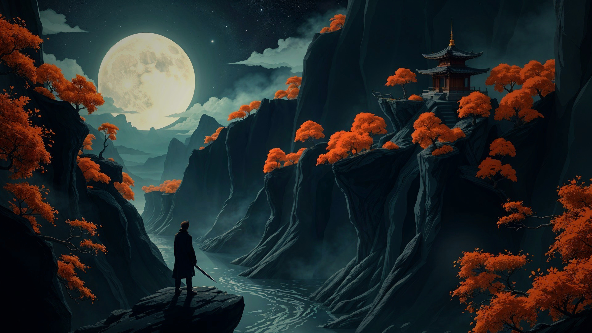Lone Figure Overlooks Moonlit Serene Landscape