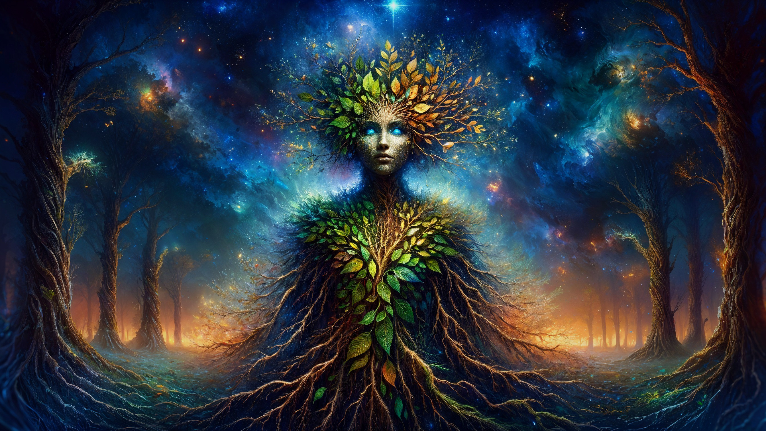 Mystical Figure in Vibrant Nature and Cosmic Scene