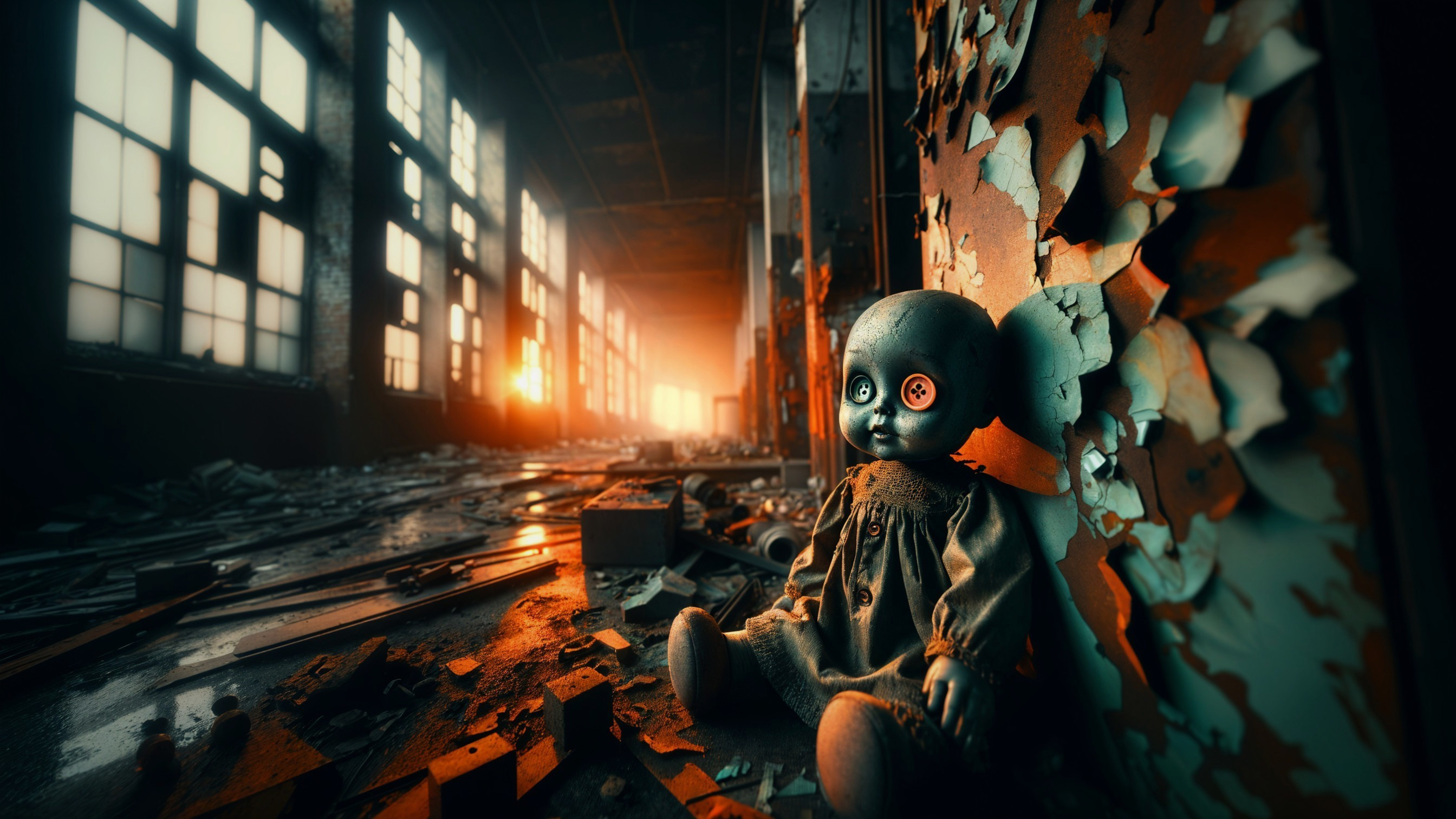 Worn Doll in Abandoned Building at Sunset