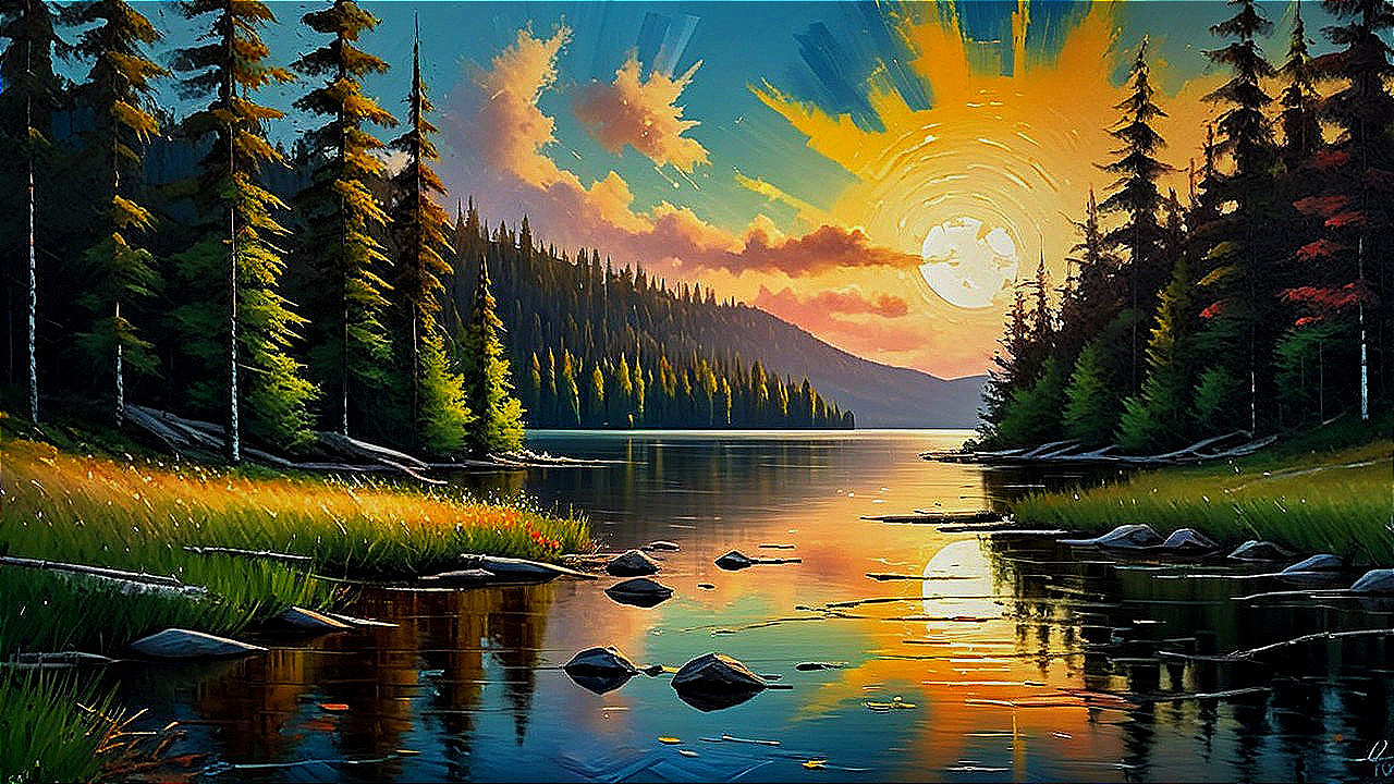 Serene Sunrise Landscape with Tranquil Lake and Pines