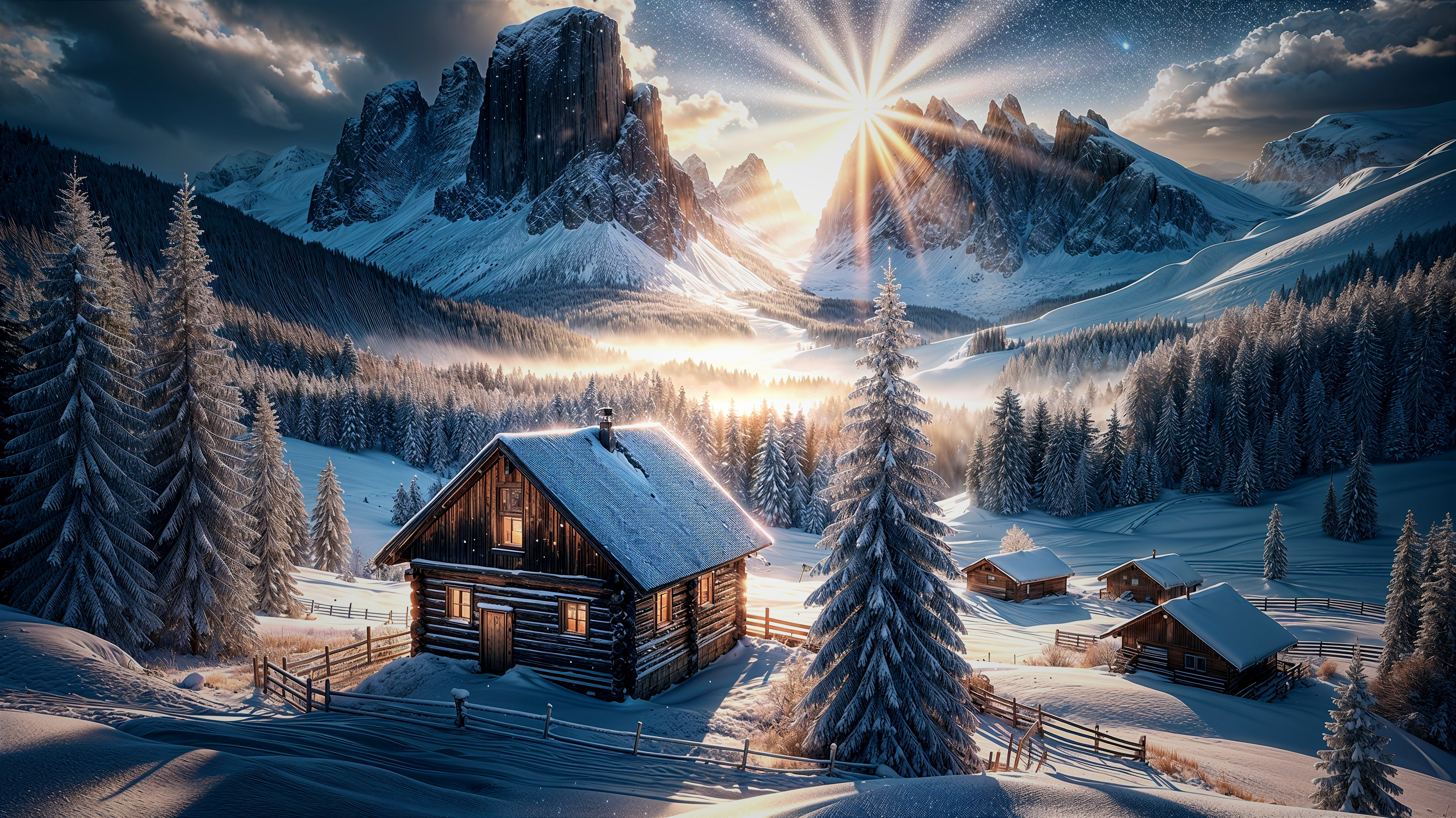 Cozy Log Cabin in a Snowy Winter Landscape