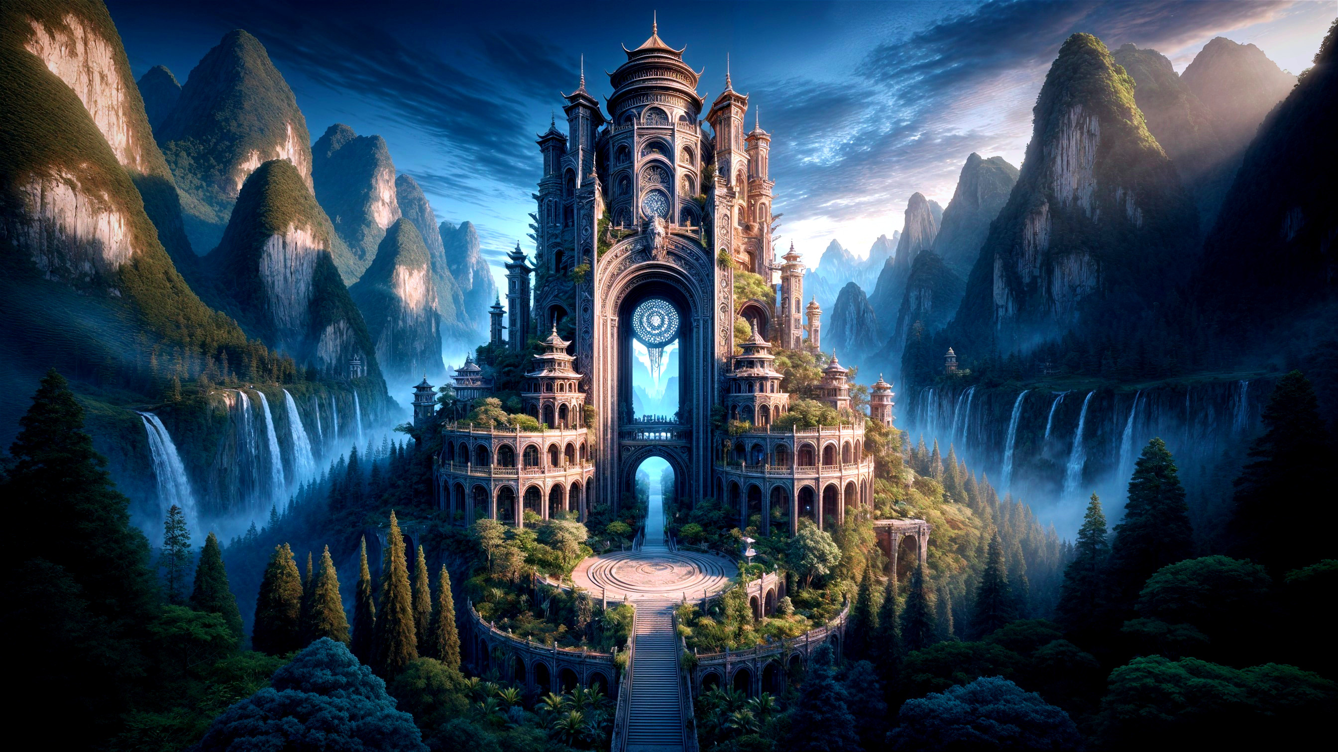 Whimsical palace in a fantasy mountain landscape
