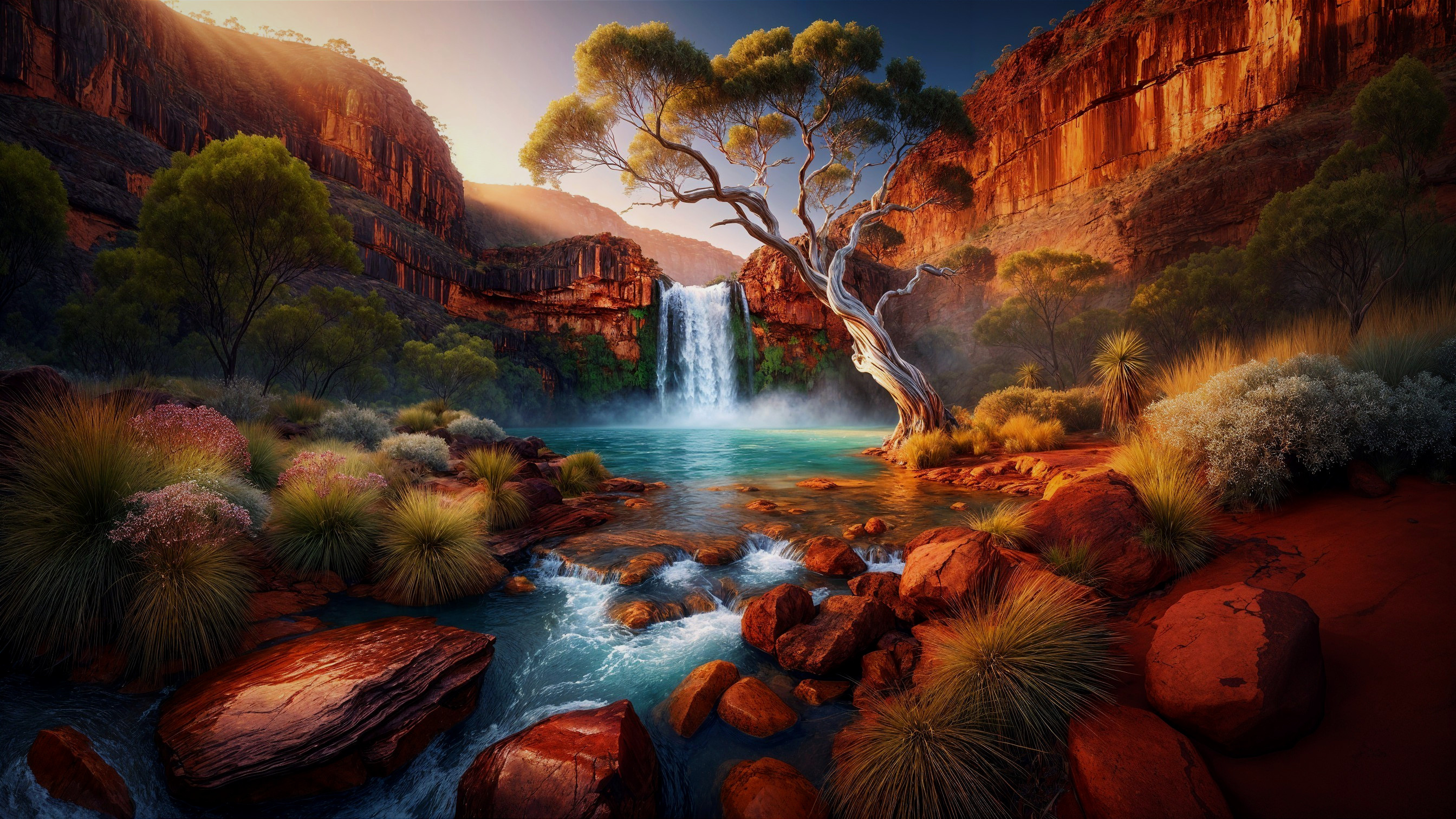 Vibrant Red Rocks and Waterfall in Serene Landscape