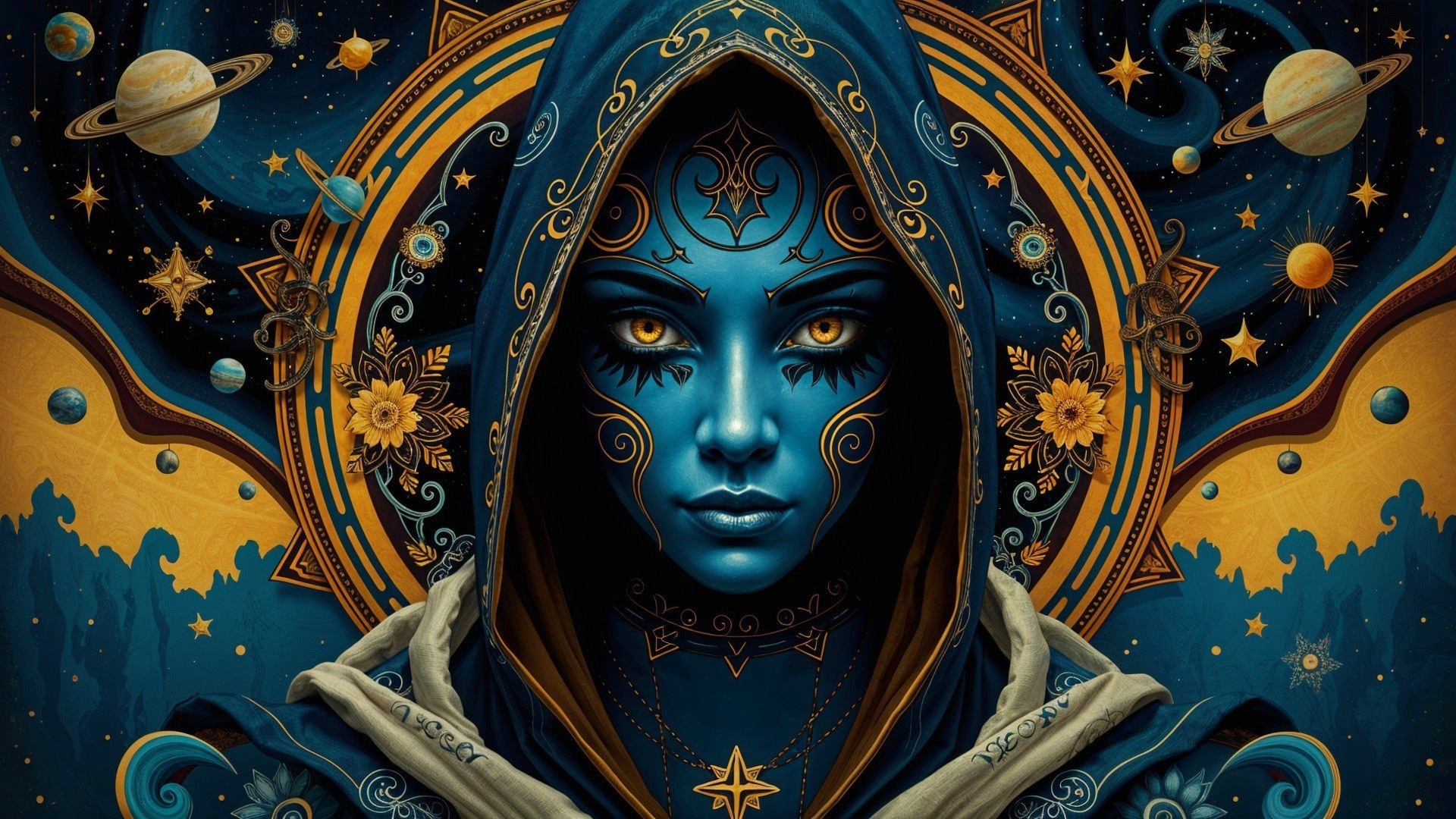 Mystical Figure with Blue Skin and Cosmic Elements