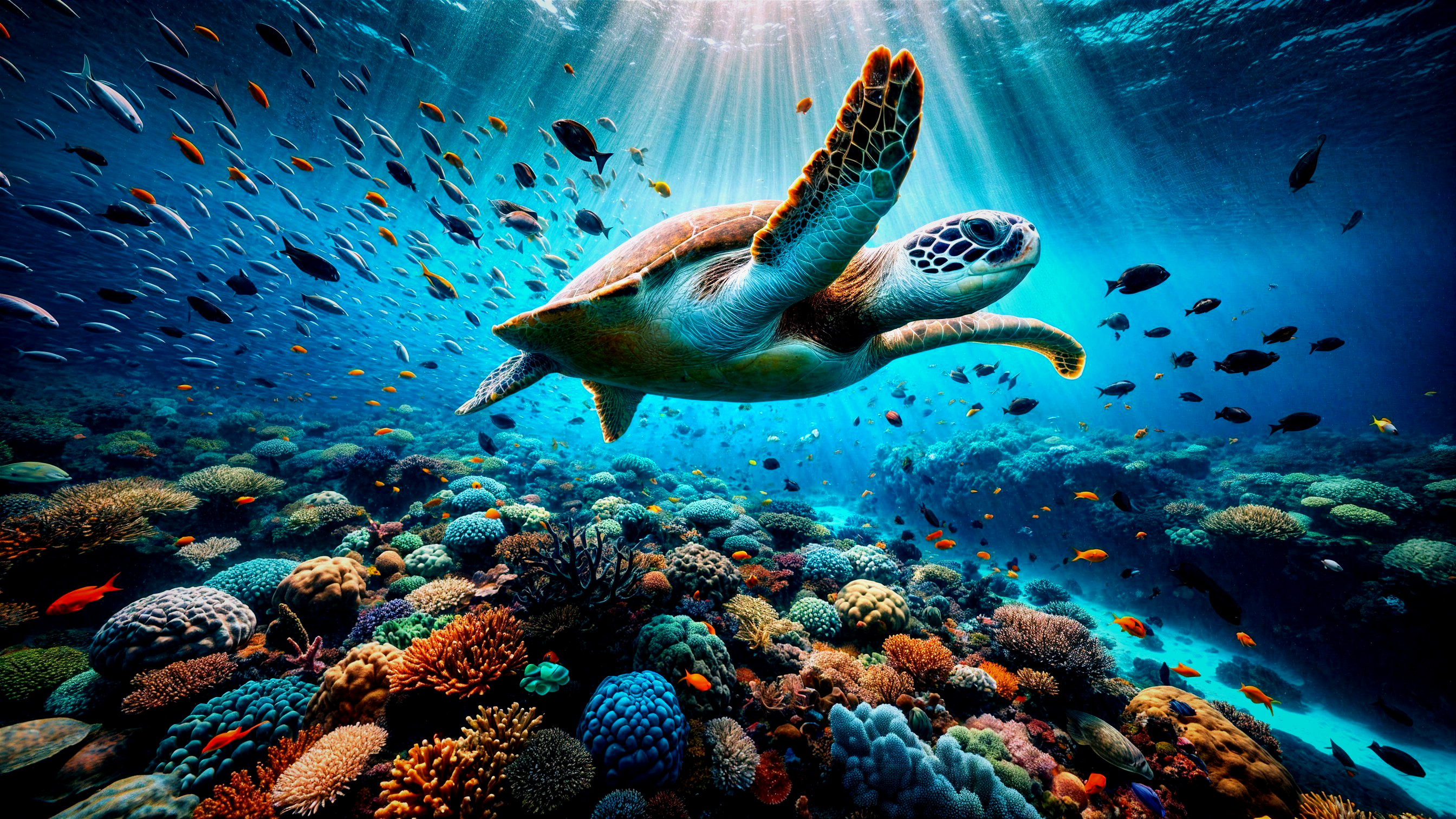 Graceful Sea Turtle in Vibrant Underwater Scene