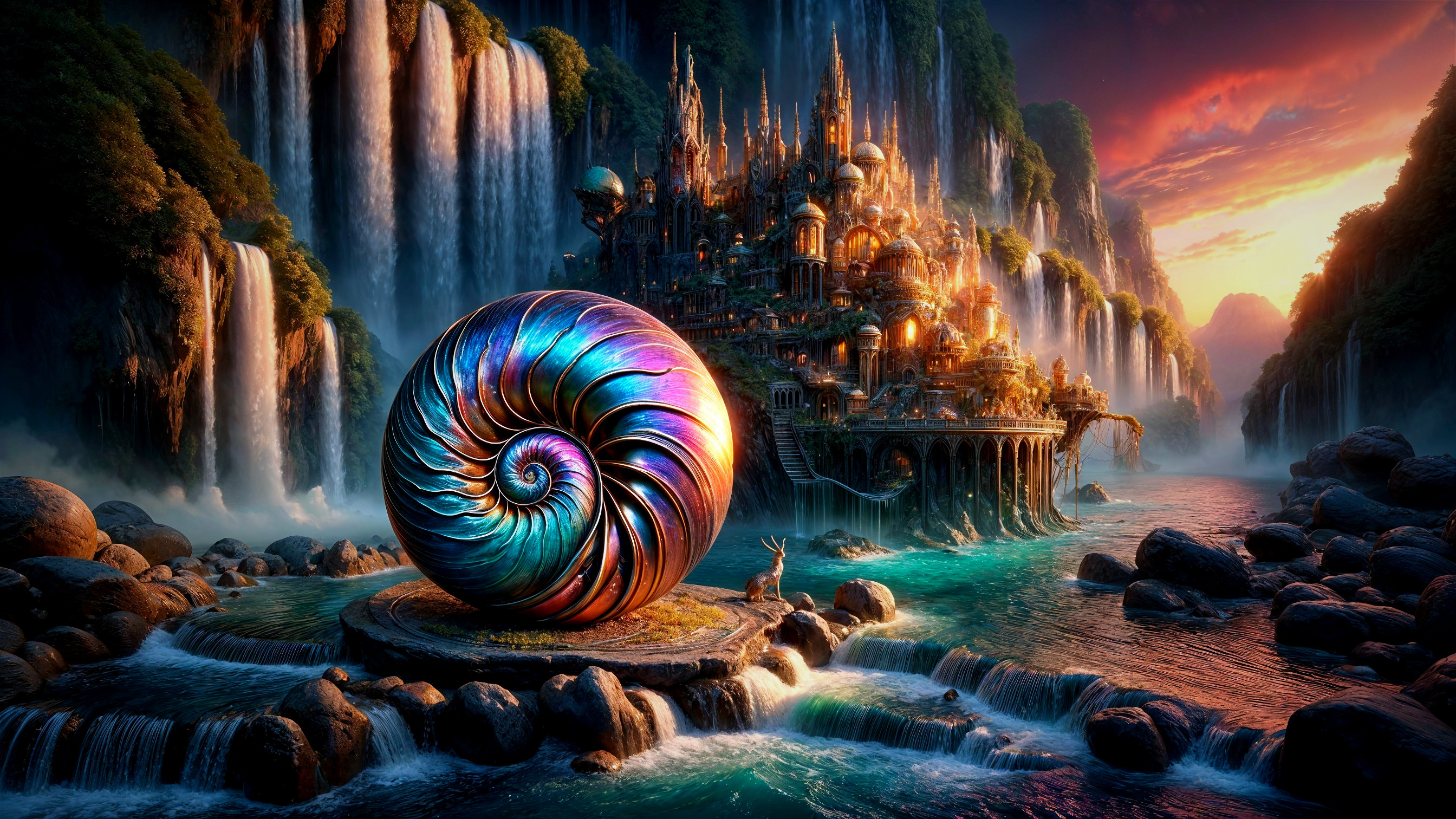 Nautilus Shell on Rocky Pedestal with Waterfall and City