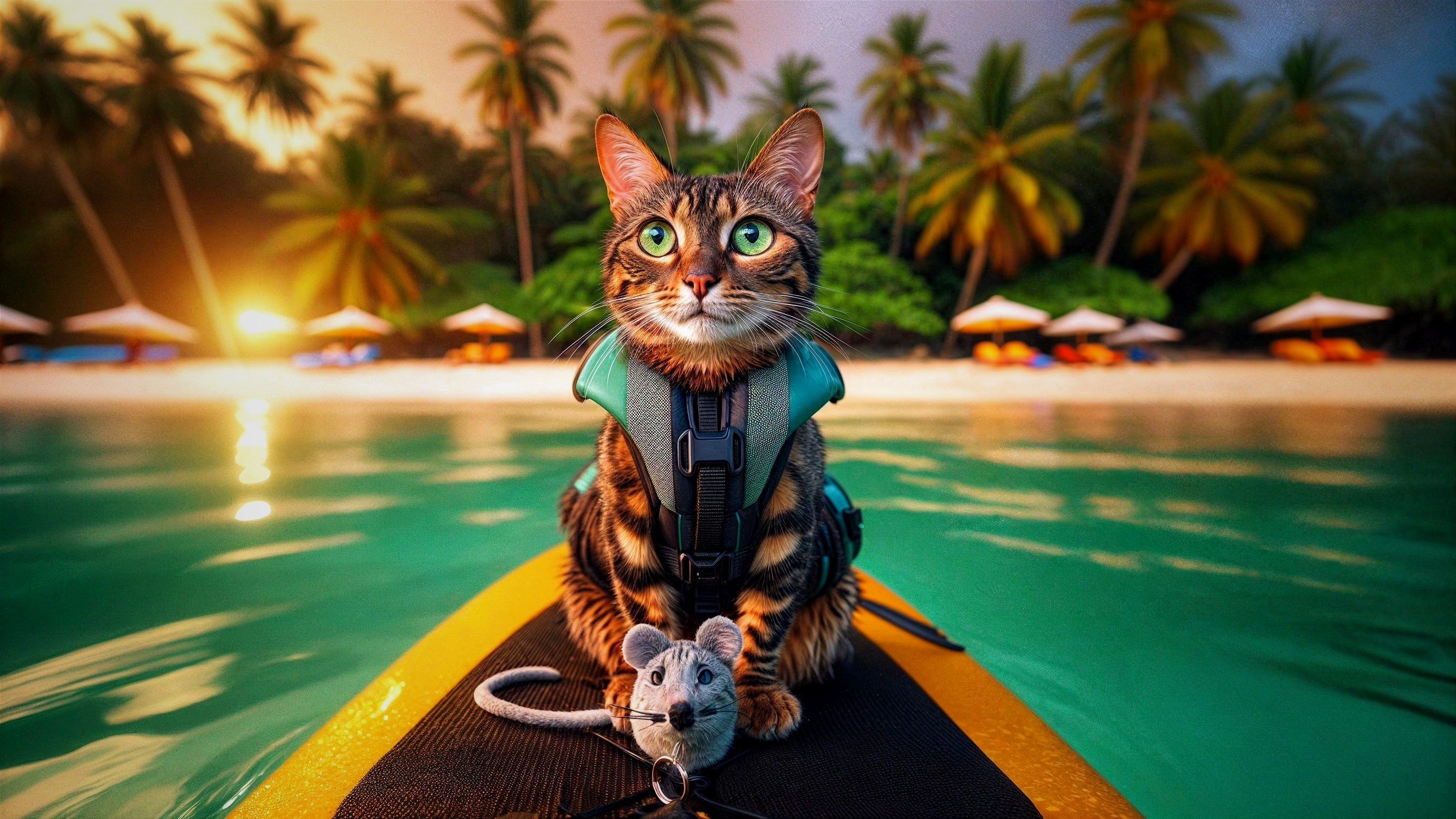 Bengal Cat on Paddleboard at Sunset Beach Scene