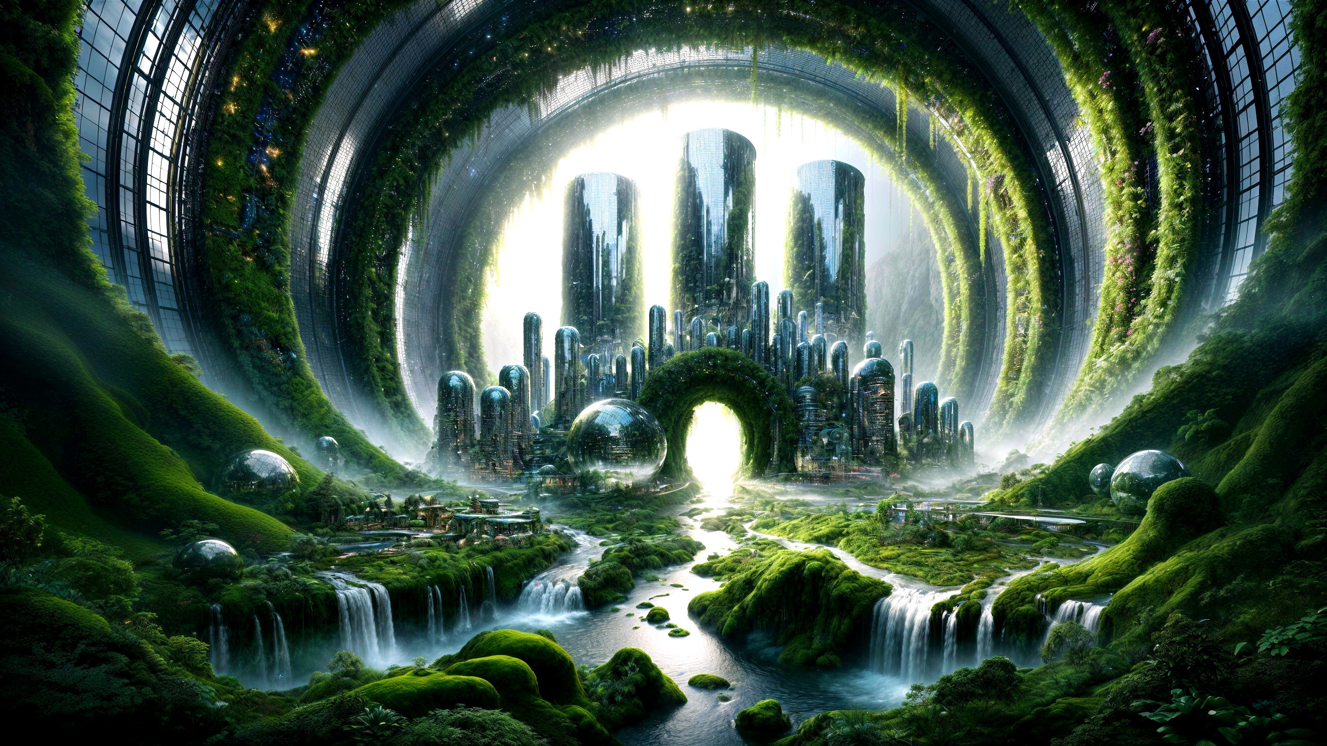 Futuristic cityscape harmonizing technology and nature