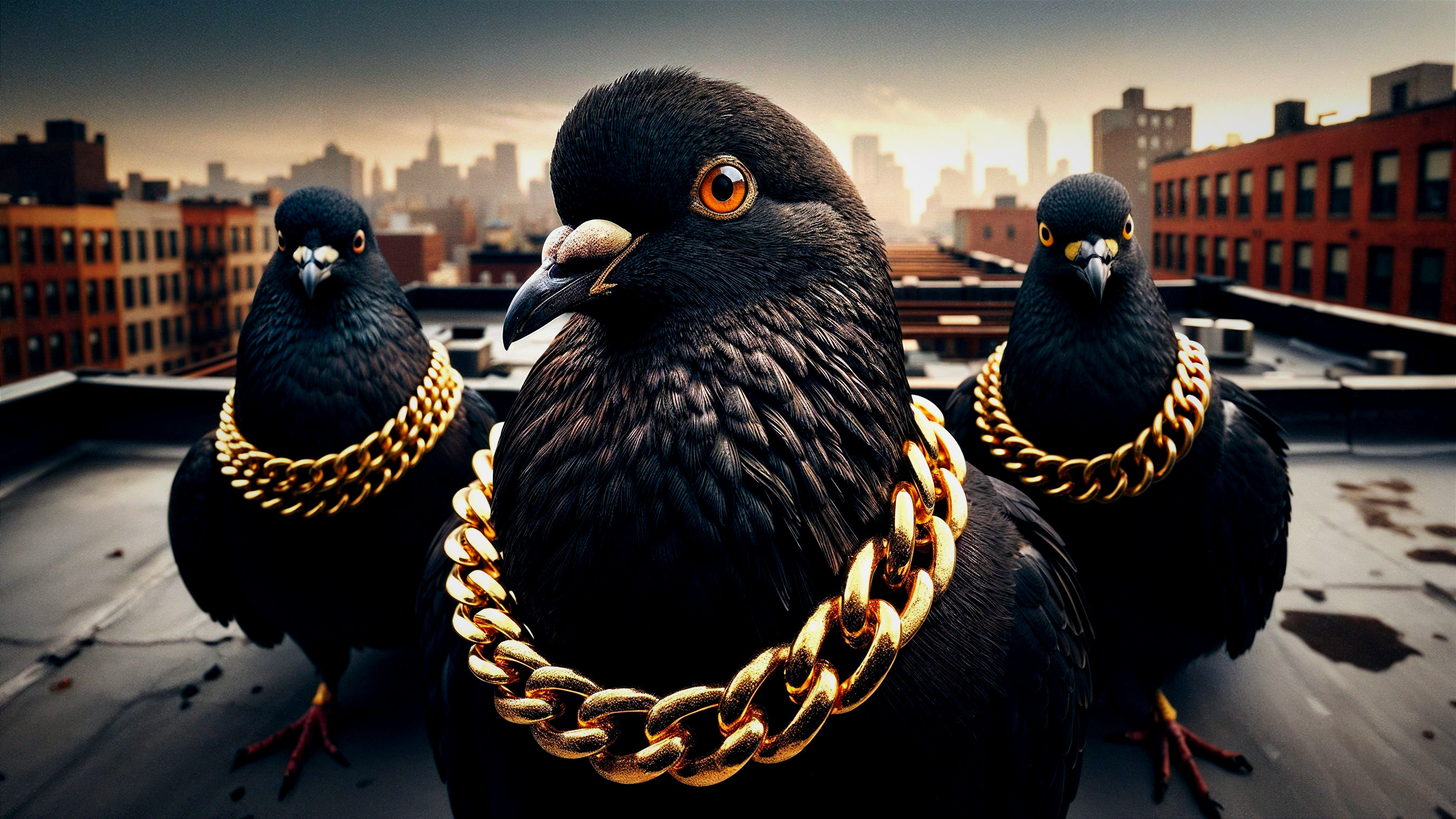 Pigeons in Gold Chains Against City Skyline Backdrop