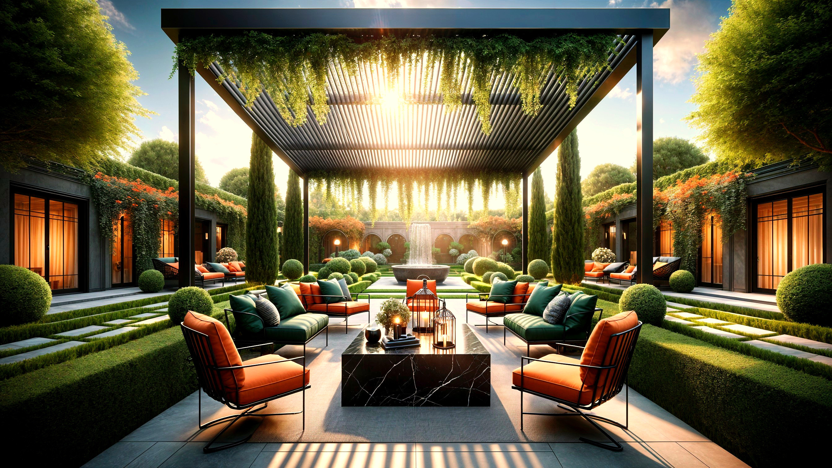 Stylish Outdoor Lounge Area with Vibrant Cushions
