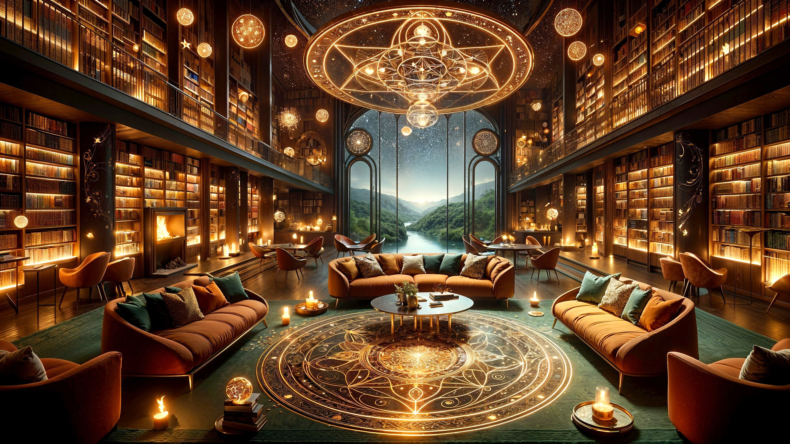 Magnificent library with warm lighting and cozy seating