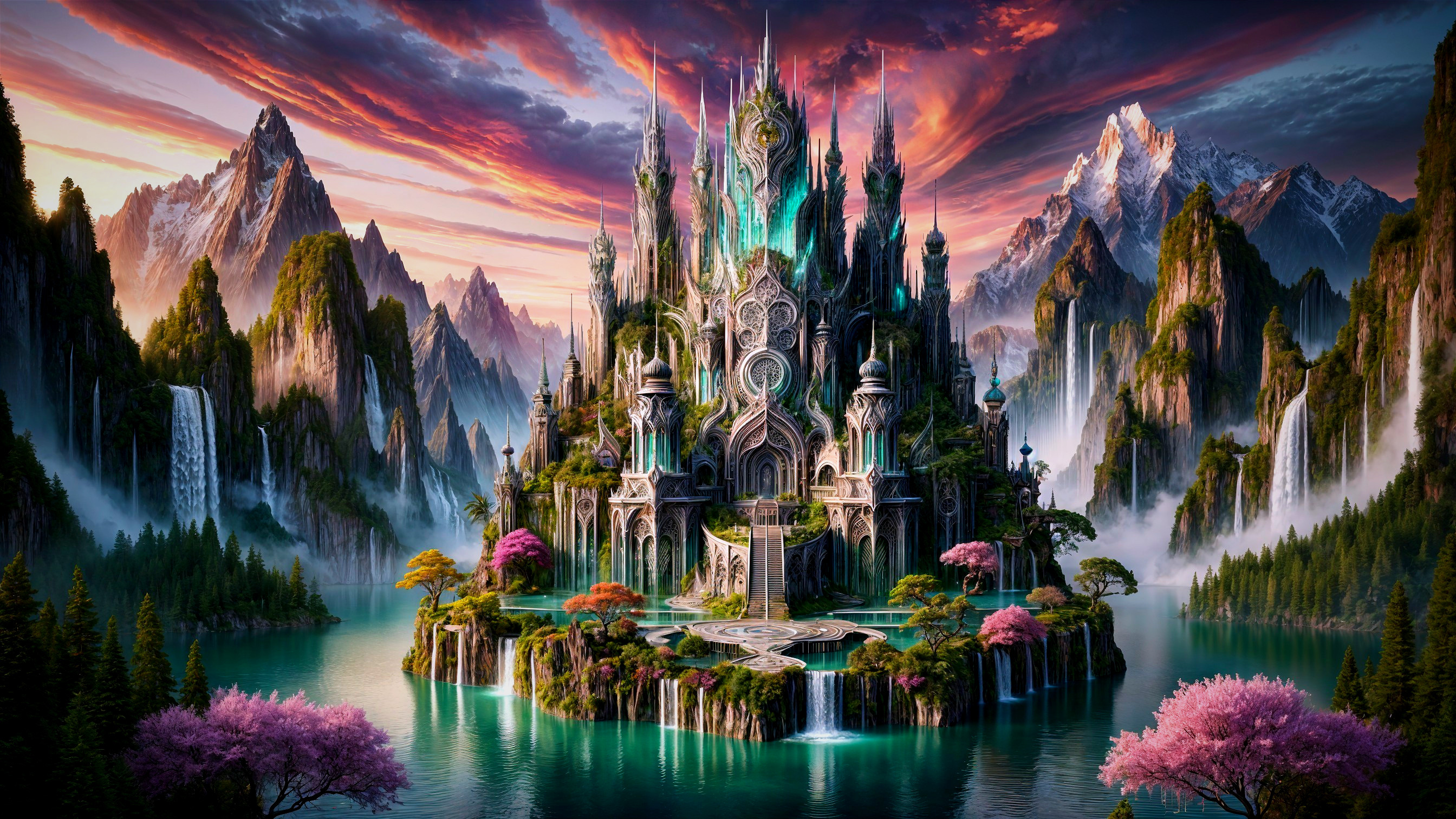 Majestic Castle in a Fantasy Landscape with Waterfalls