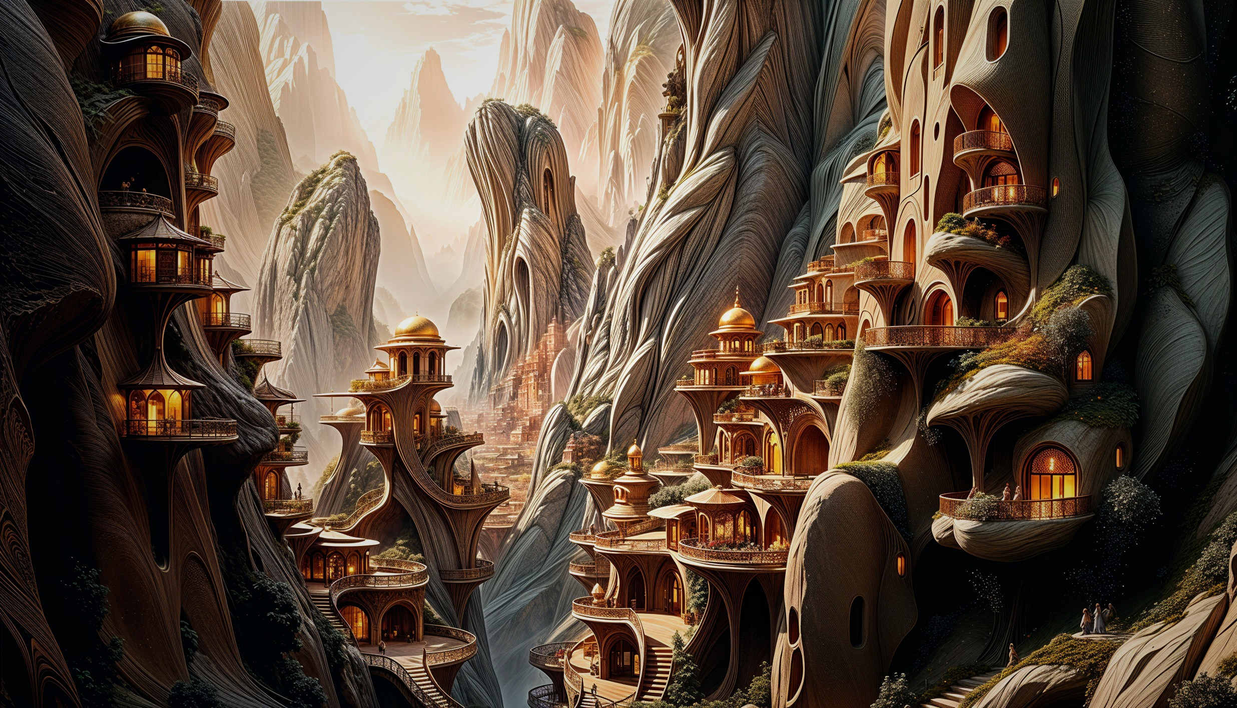 Fantasy Landscape with Organic Architecture and Mountains