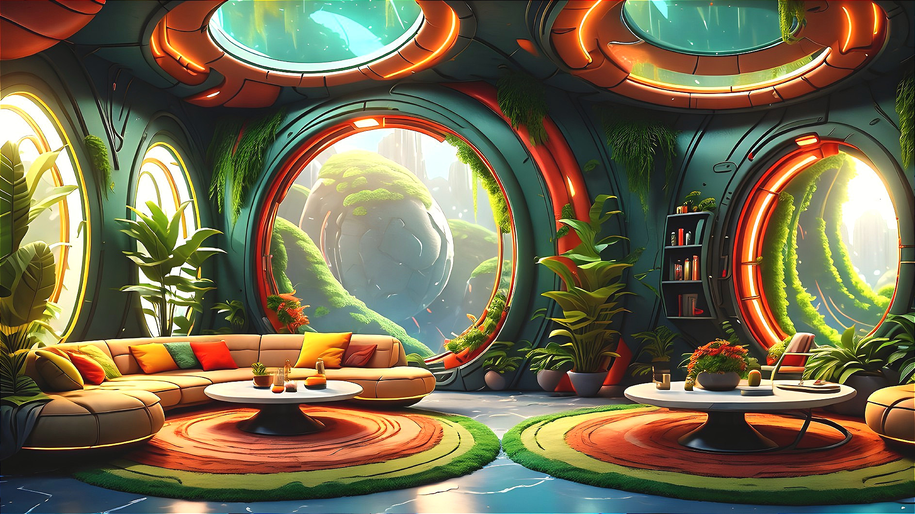 Futuristic Living Space with Colorful Decor and Plants
