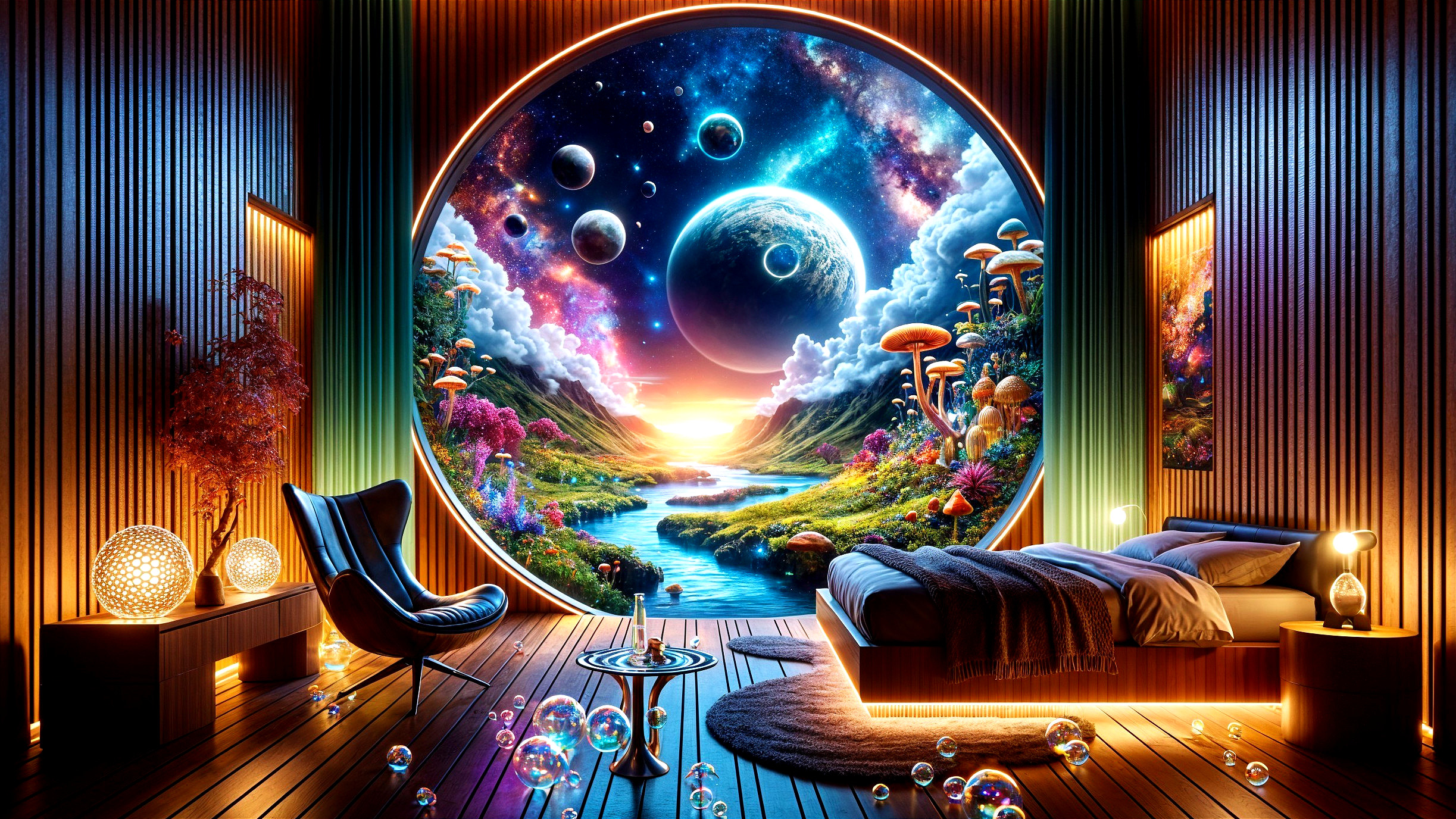 Futuristic Bedroom with Cosmic Landscape and Cozy Design