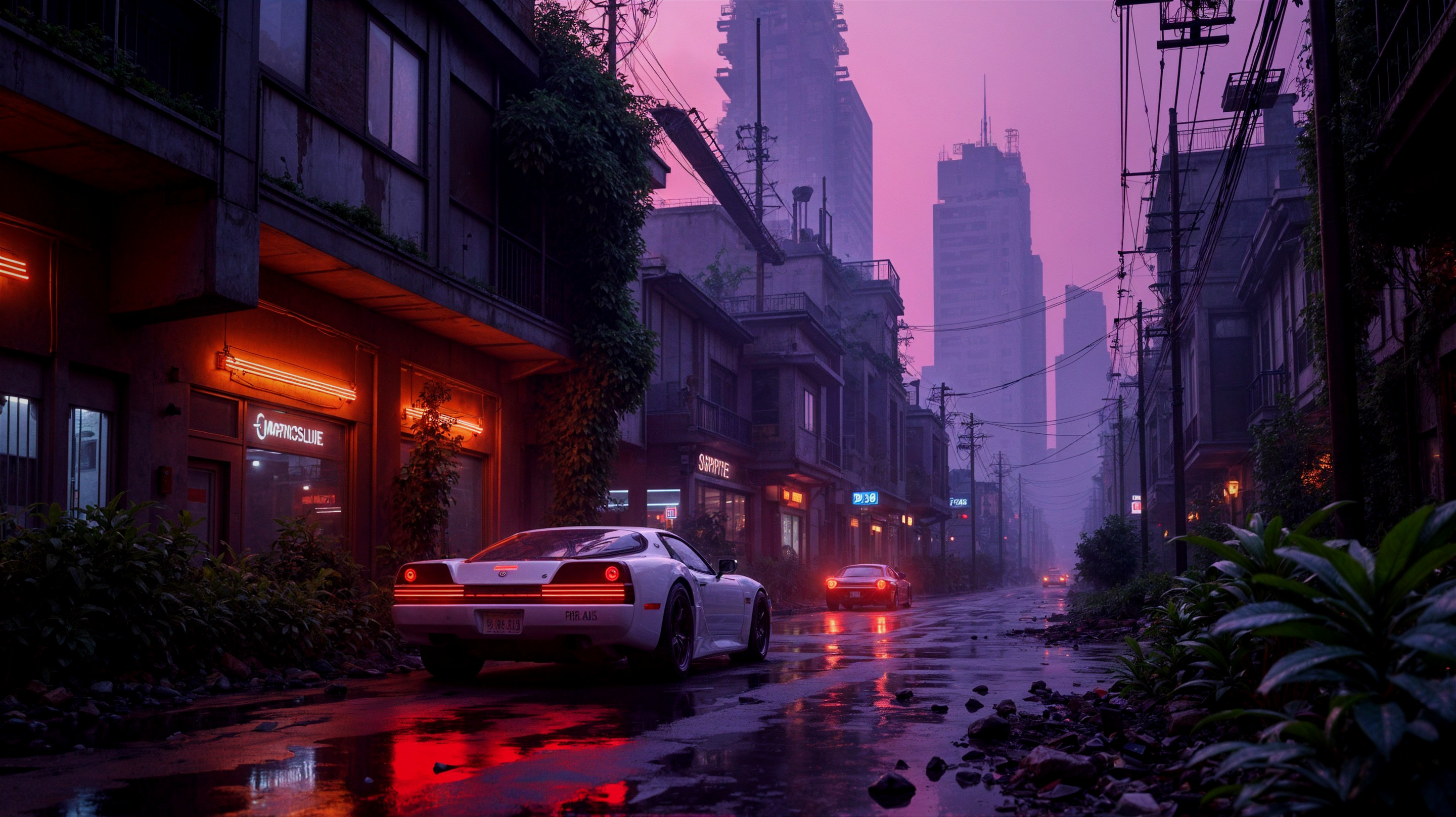 Neon Urban Street Scene with Vintage Sports Car