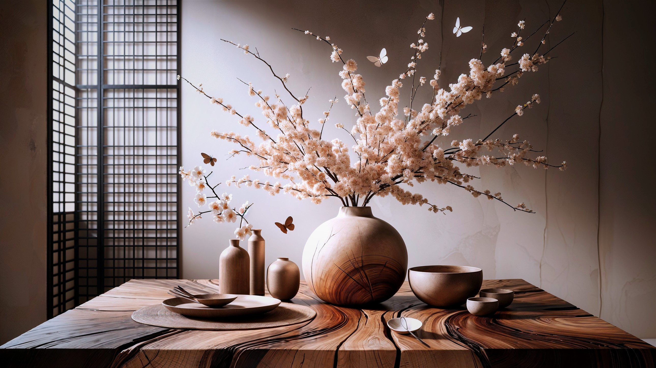 Elegant Tabletop Arrangement with Floral and Wooden Decor