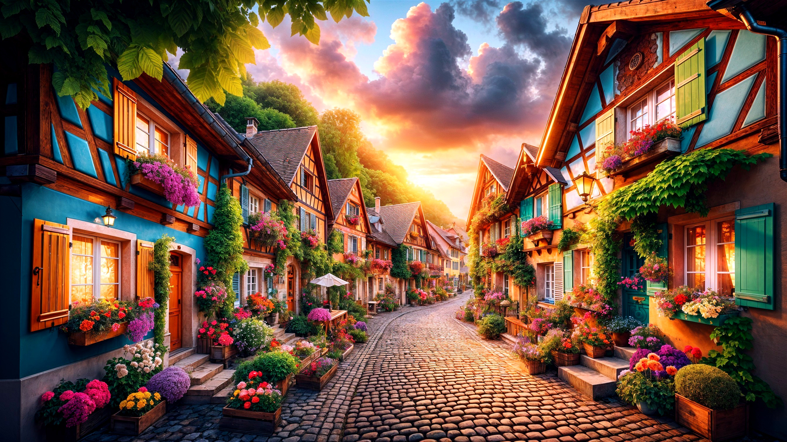 Charming Village Street with Colorful Houses and Flowers