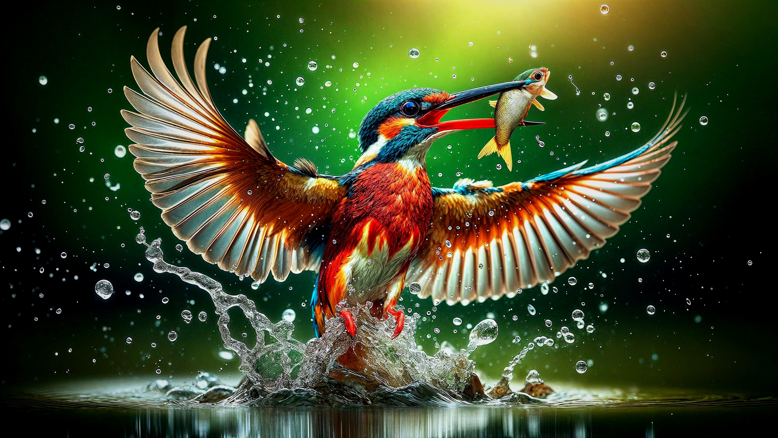 Kingfisher in Flight Catching Fish with Colorful Plumage