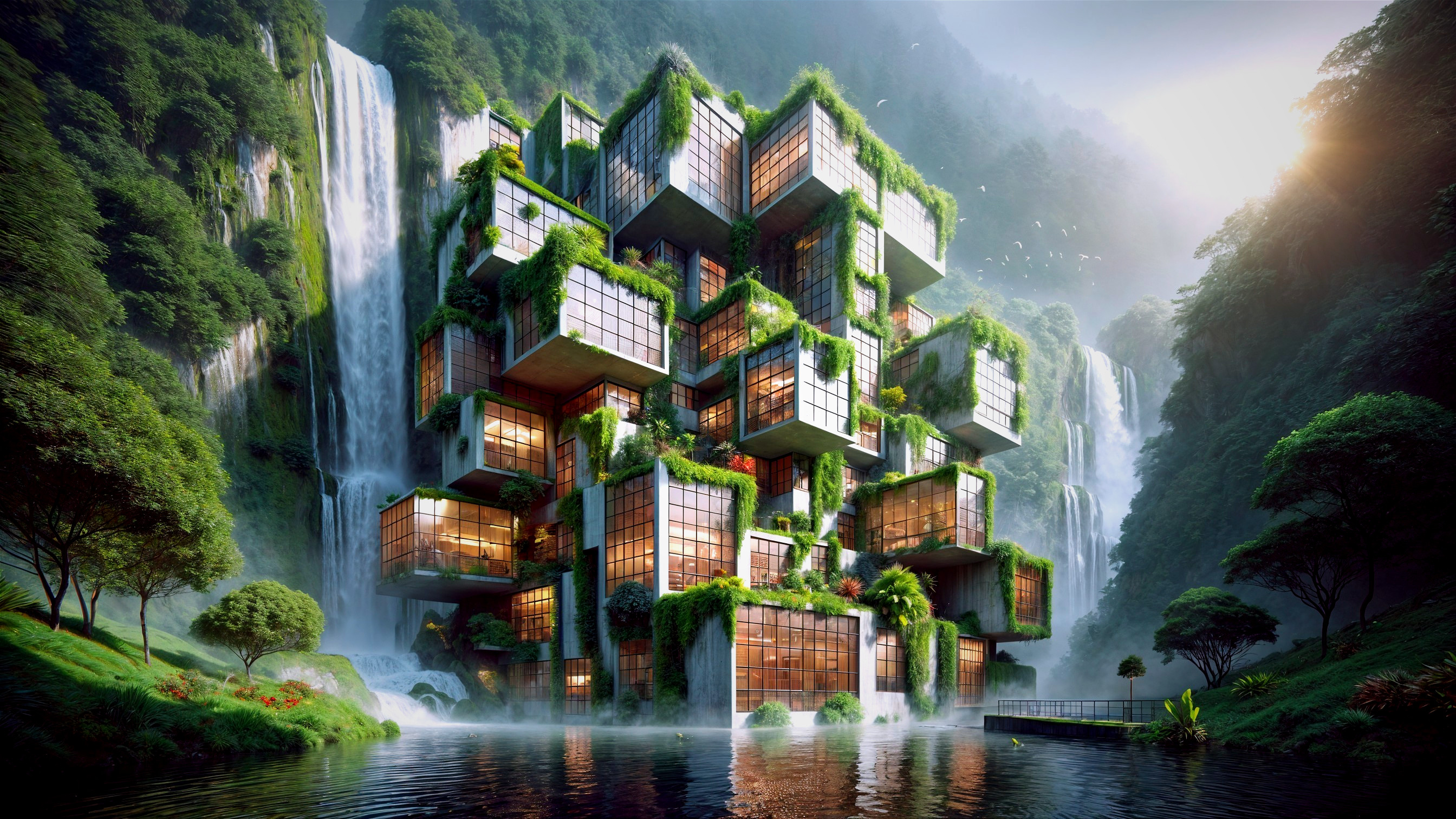 Futuristic Building Surrounded by Nature and Waterfalls