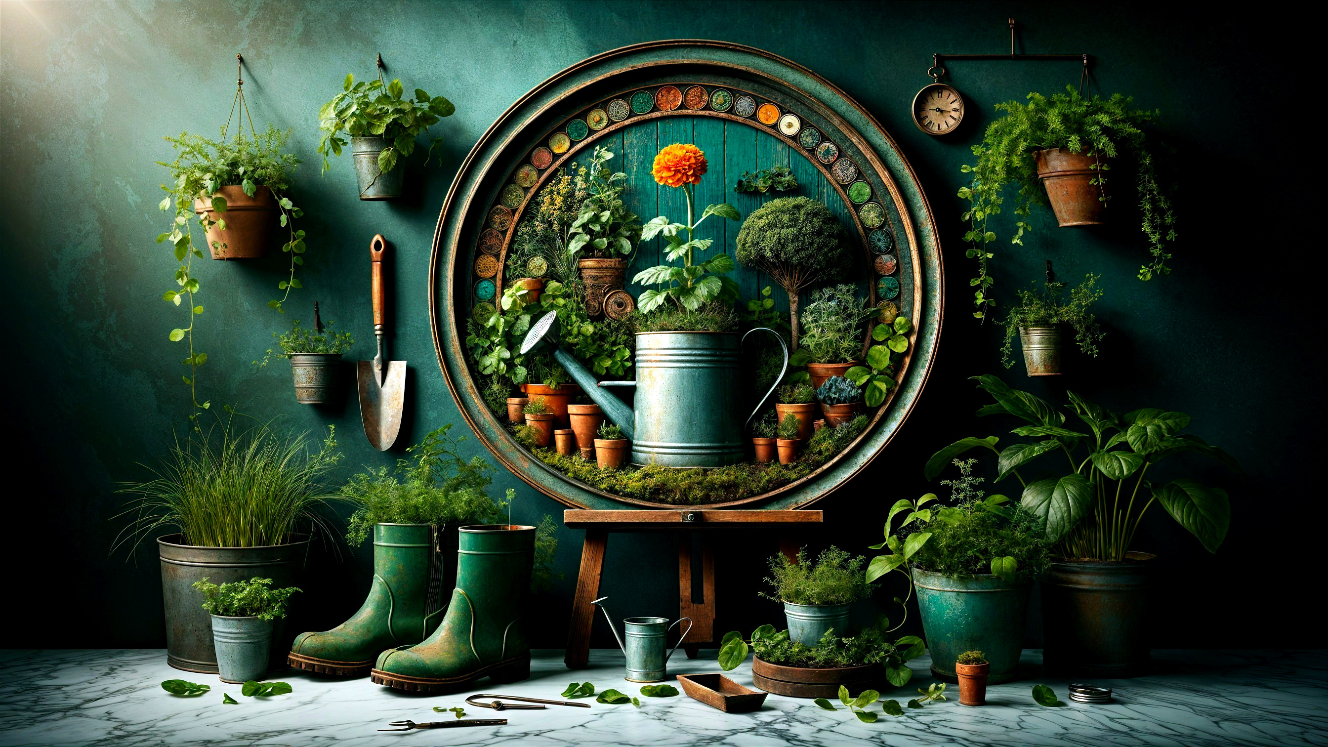 Vibrant Indoor Garden with Potted Plants and Tools