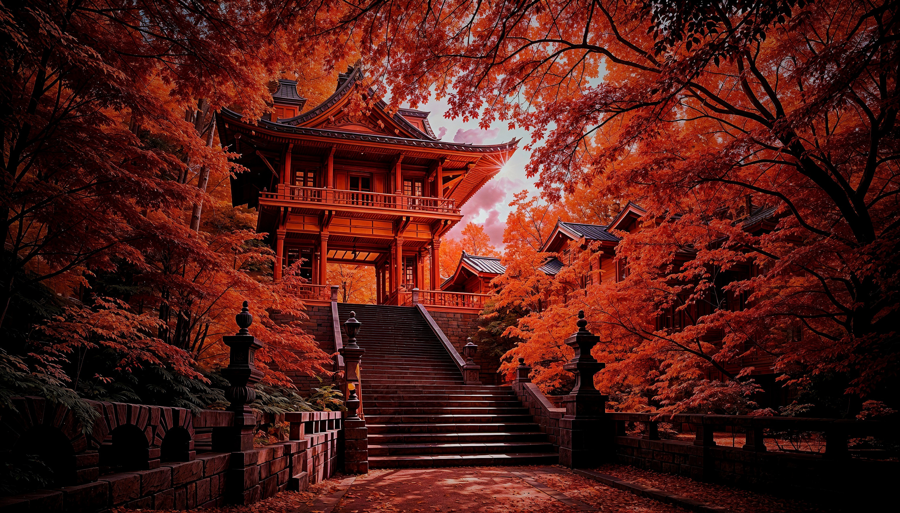 Traditional Japanese Building Surrounded by Autumn Foliage