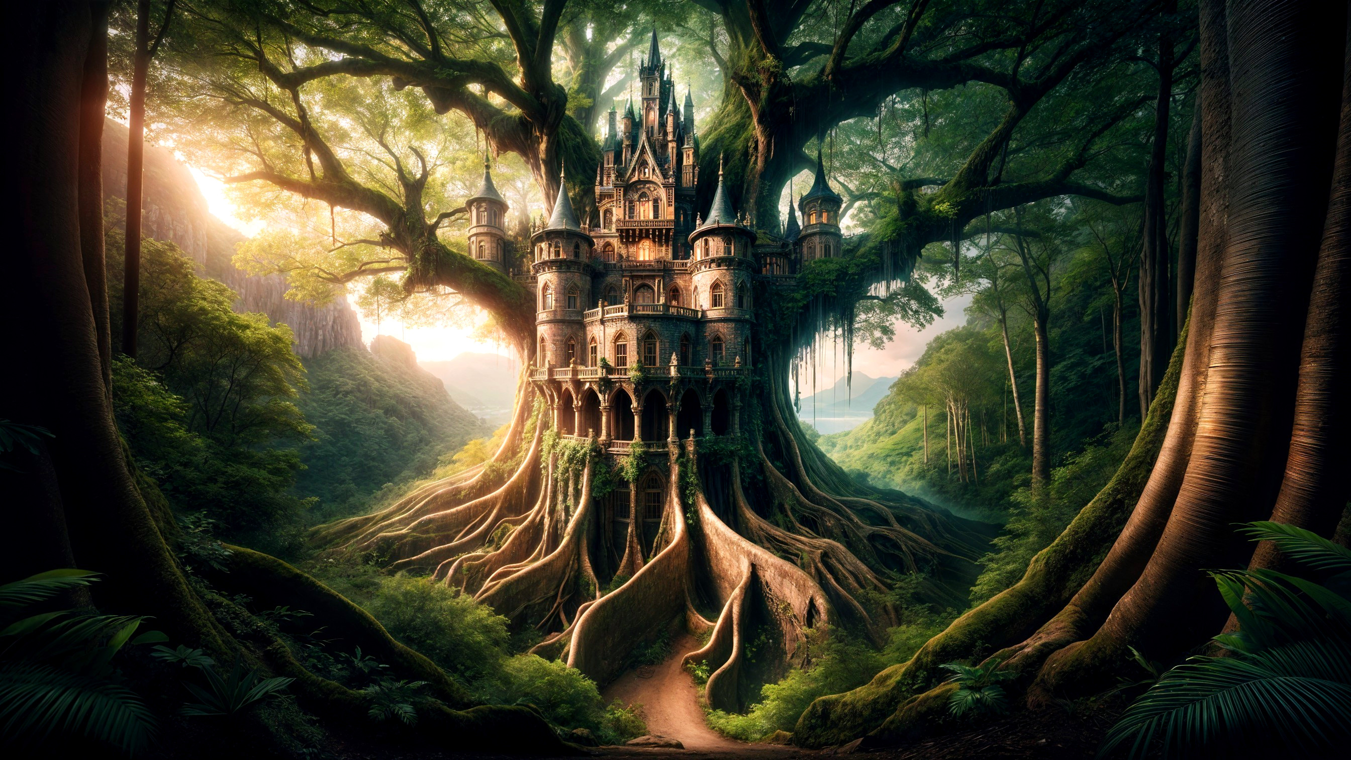 Castle on Ancient Tree Surrounded by Enchanted Forest
