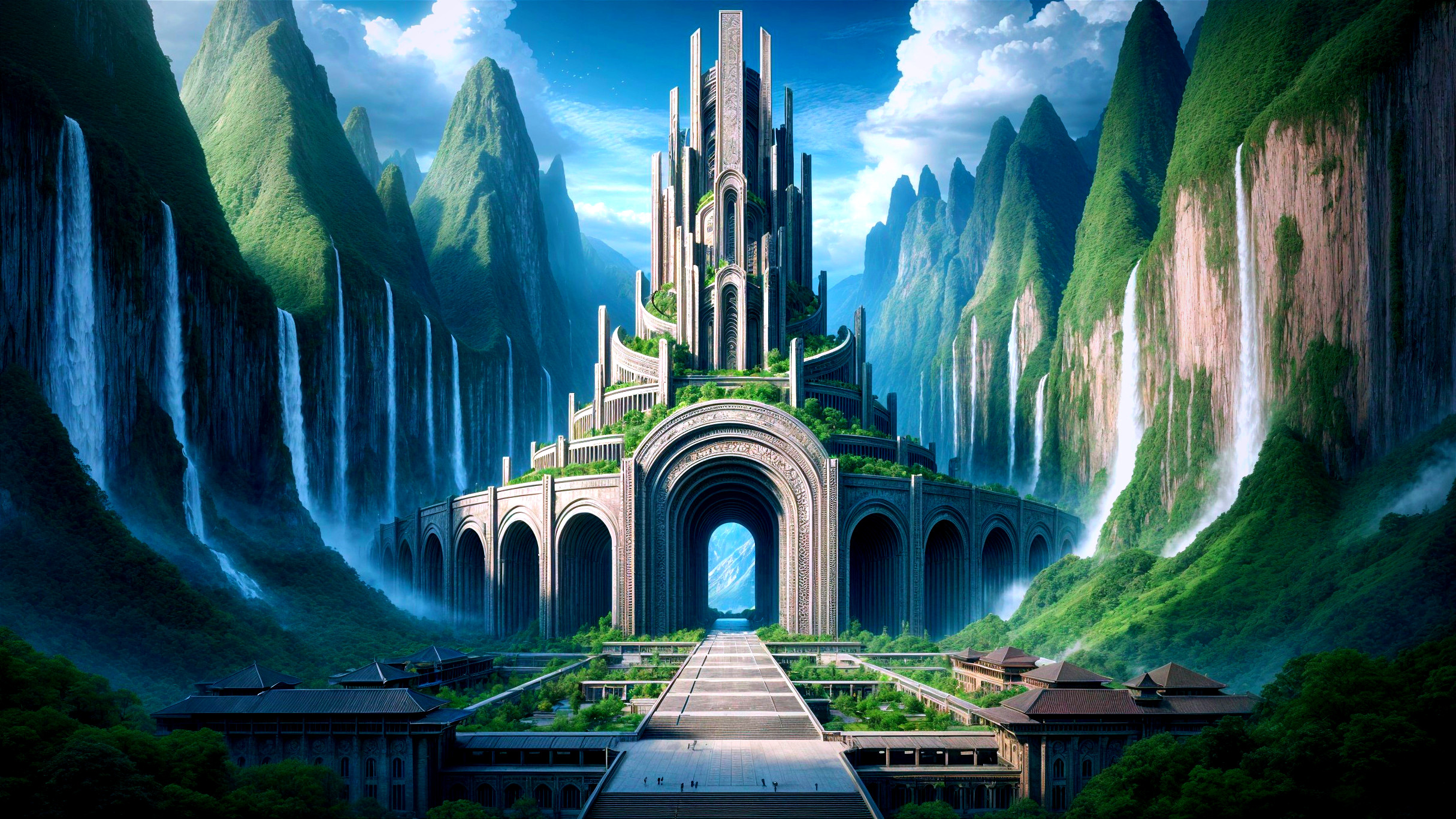 Futuristic citadel surrounded by lush mountains and waterfalls