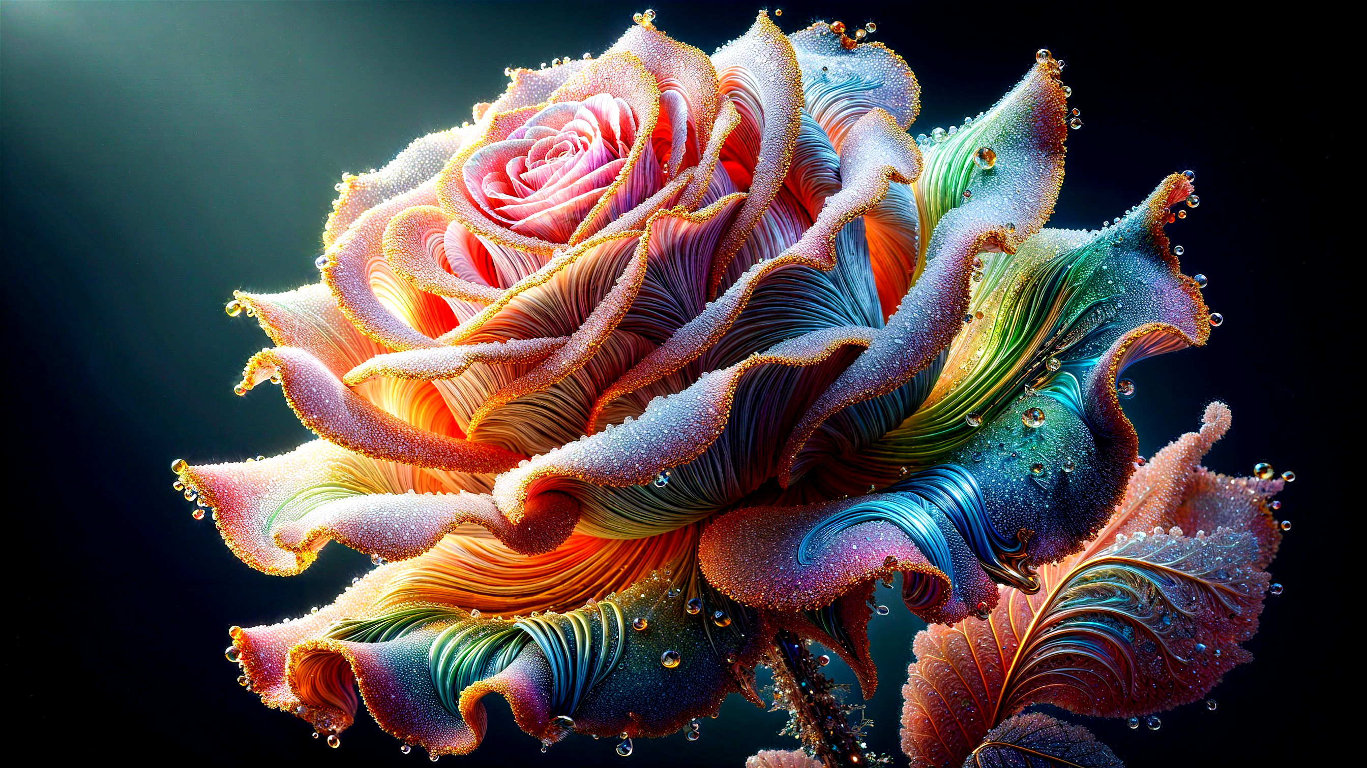 Vibrant Multi-Colored Rose with Dew Drops and Glow