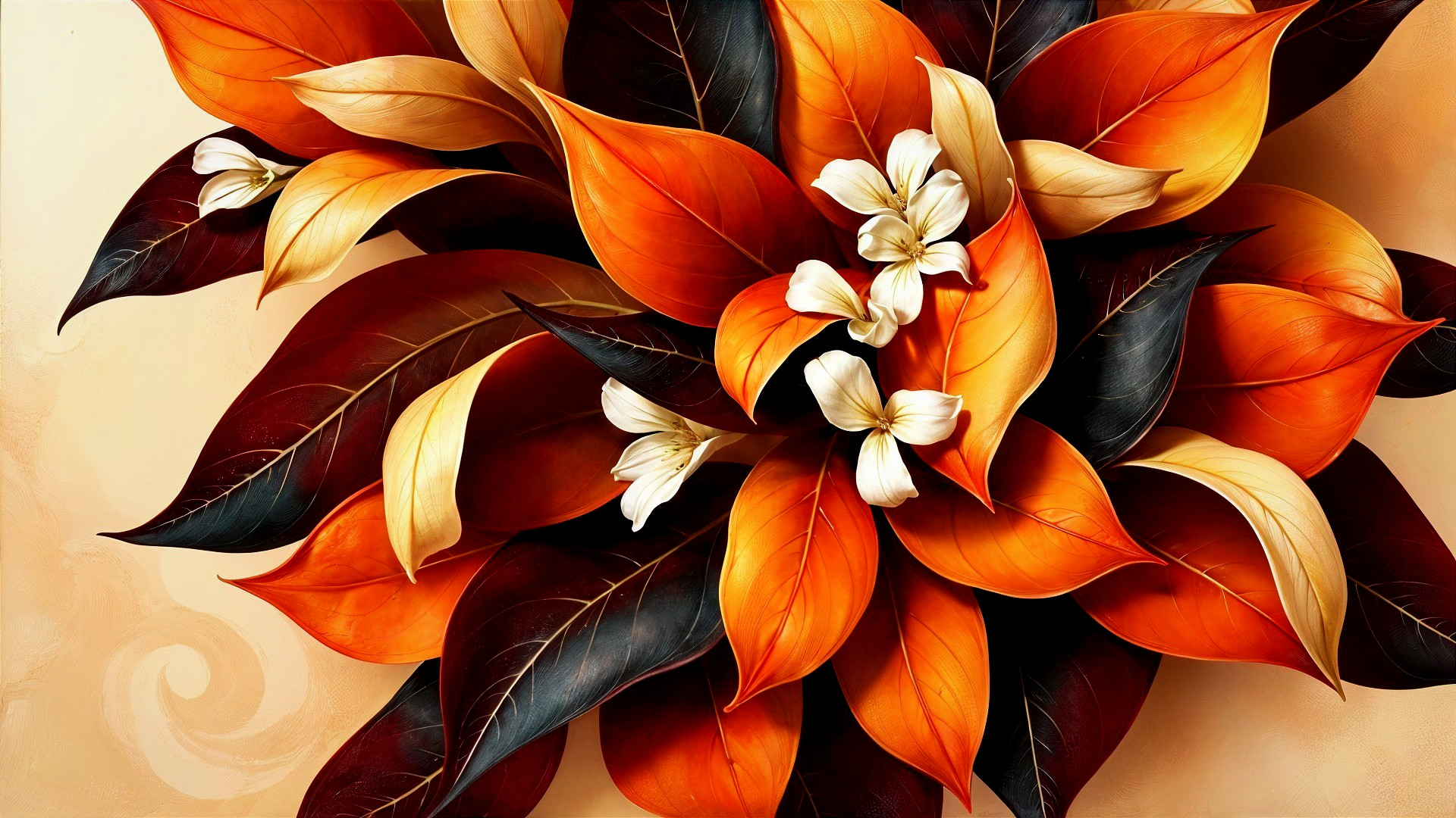 Vibrant Leaves in Orange and Burgundy with White Flowers