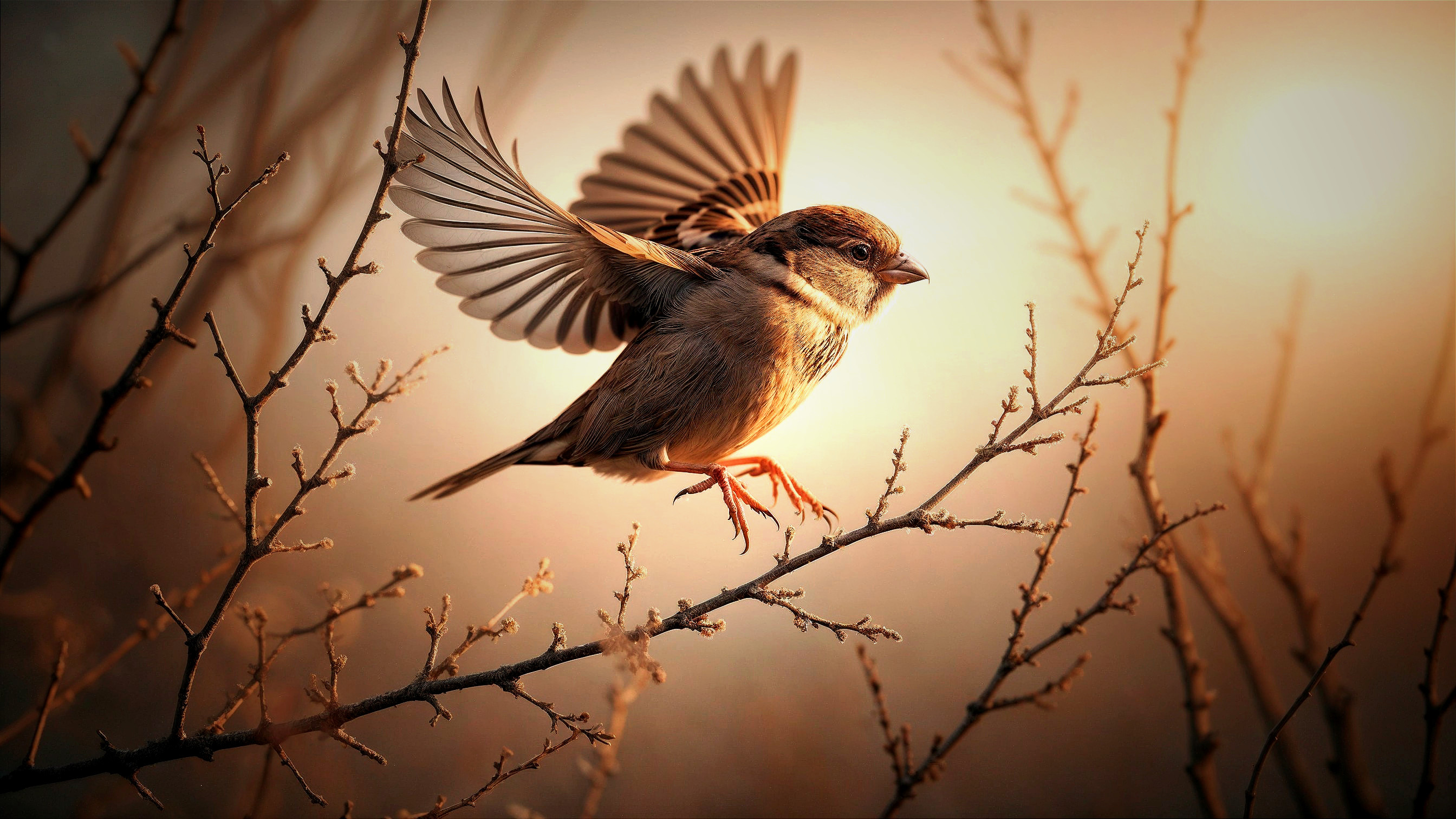 Small brown bird in flight on a sunlit branch