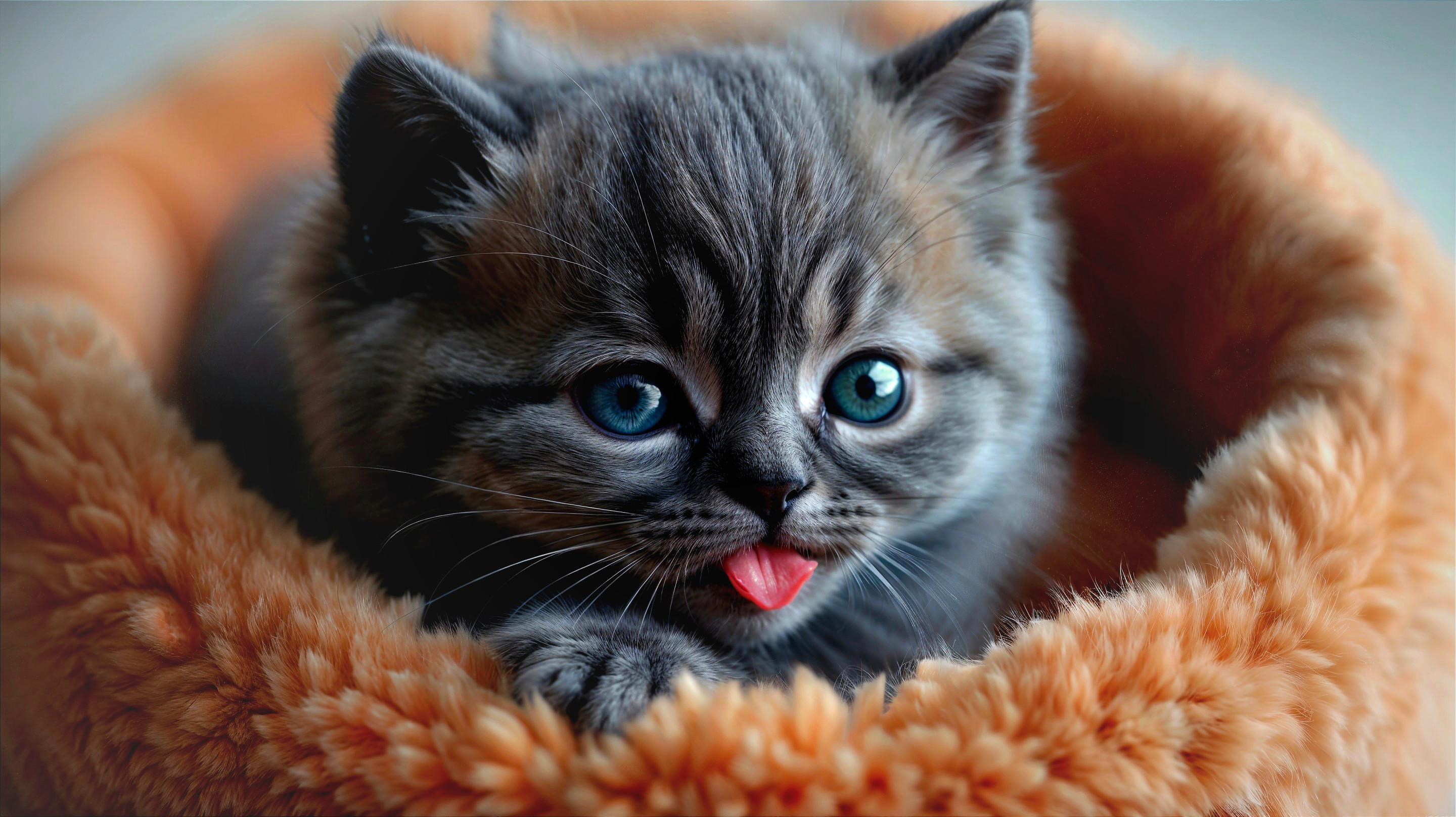 Gray Kitten with Blue Eyes in Fluffy Orange Bed