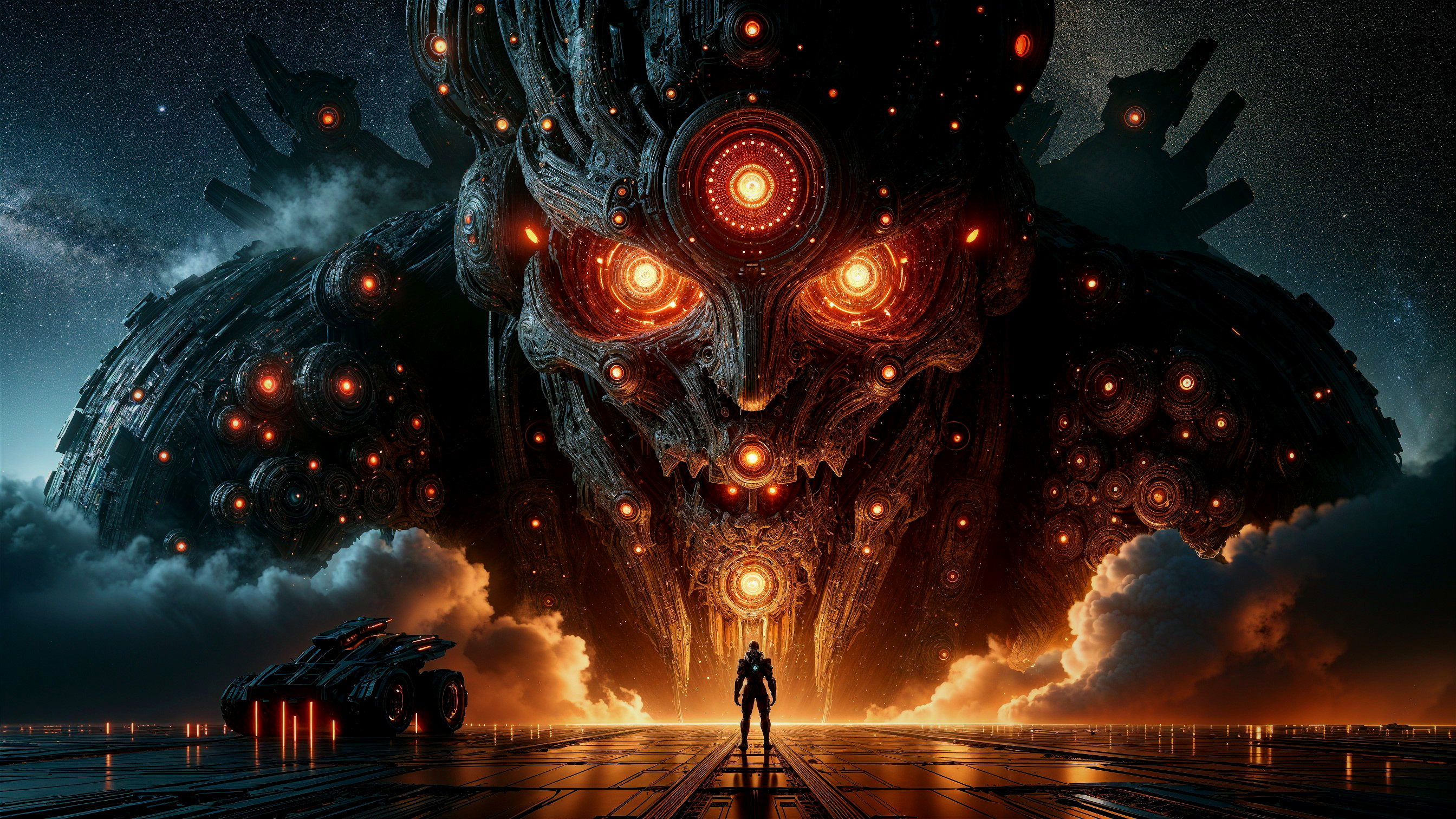 Colossal Figure with Glowing Orbs Against Starry Sky