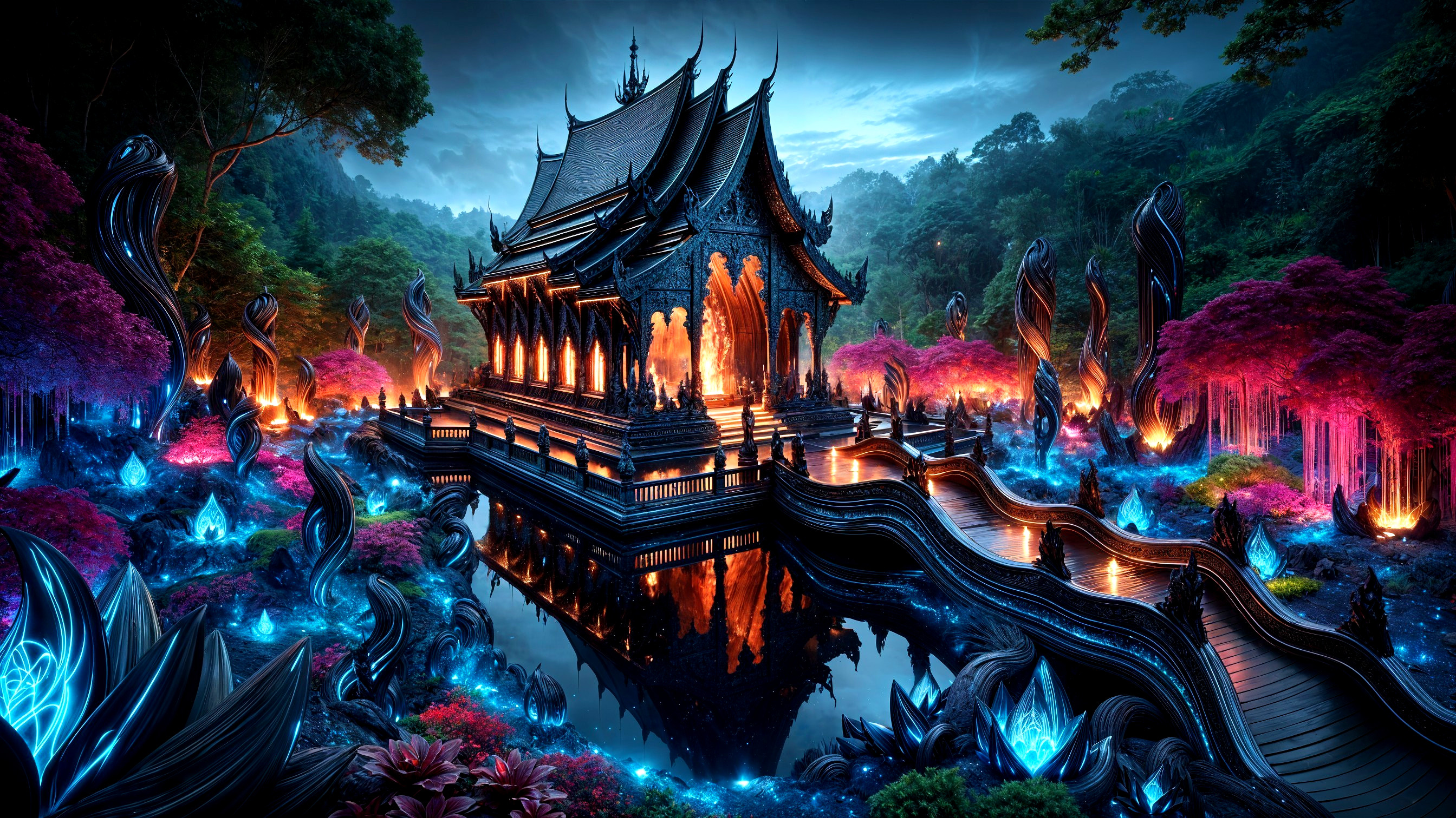 Mystical temple surrounded by vibrant landscape and crystals