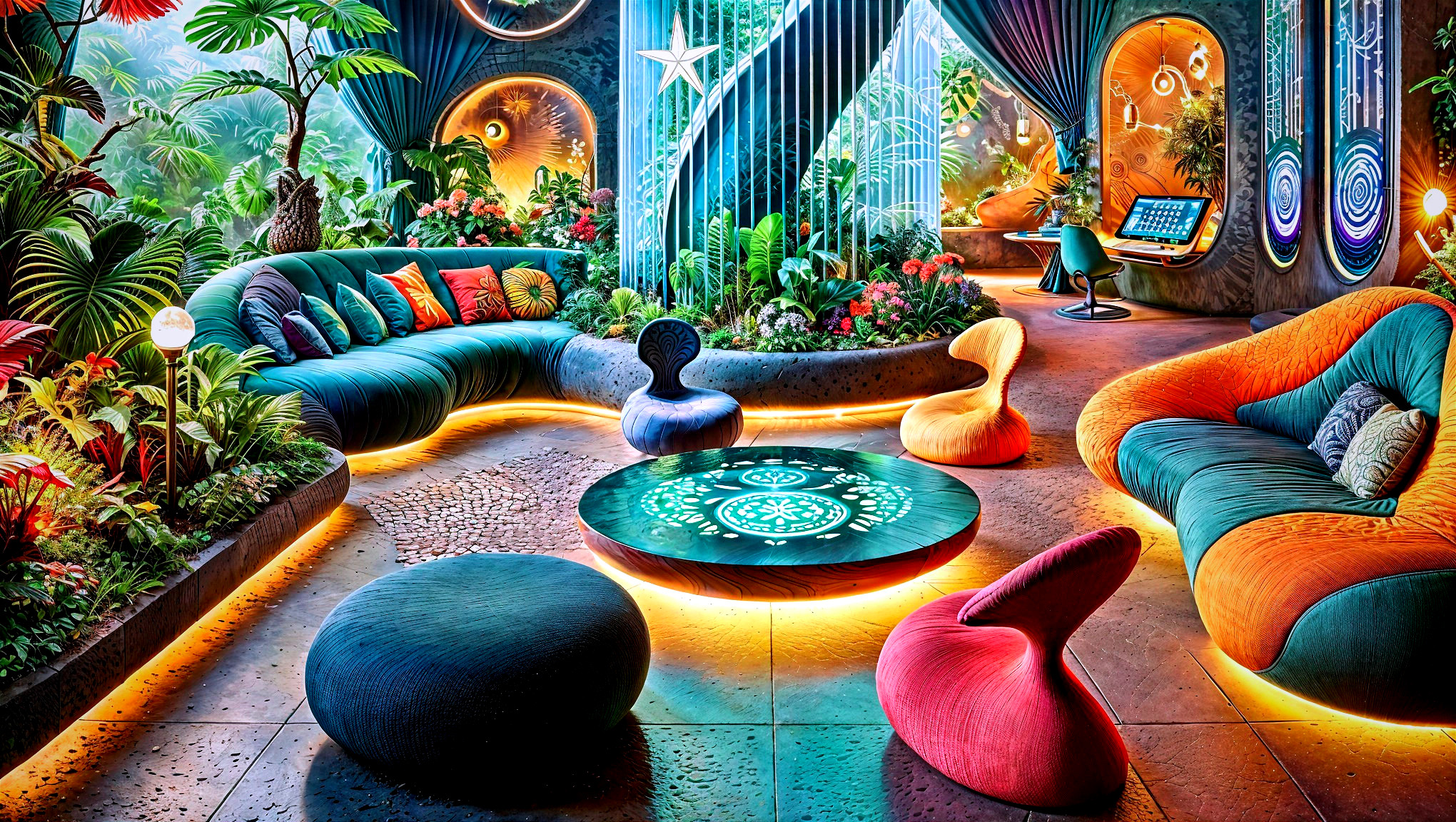 Vibrant Lounge with Exotic Plants and Colorful Furniture