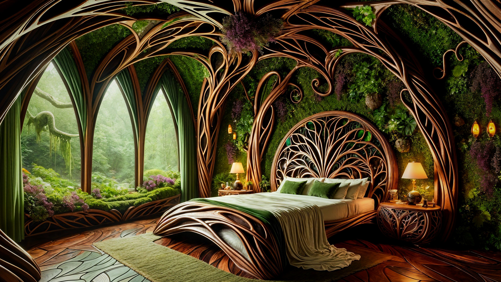 Nature-Inspired Bedroom with Wooden Designs and Greenery