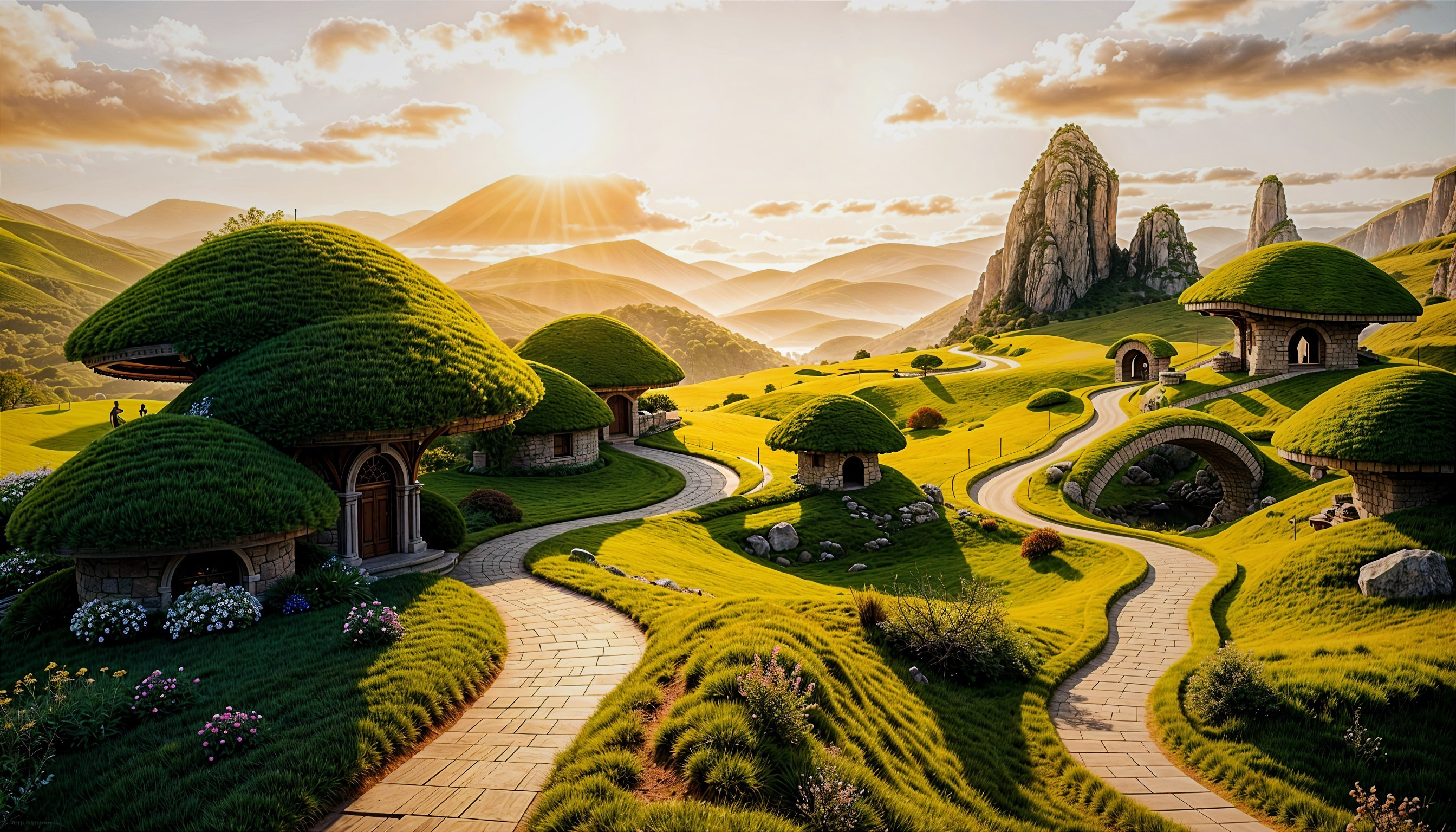 Whimsical Landscape with Unique Cottages and Gardens